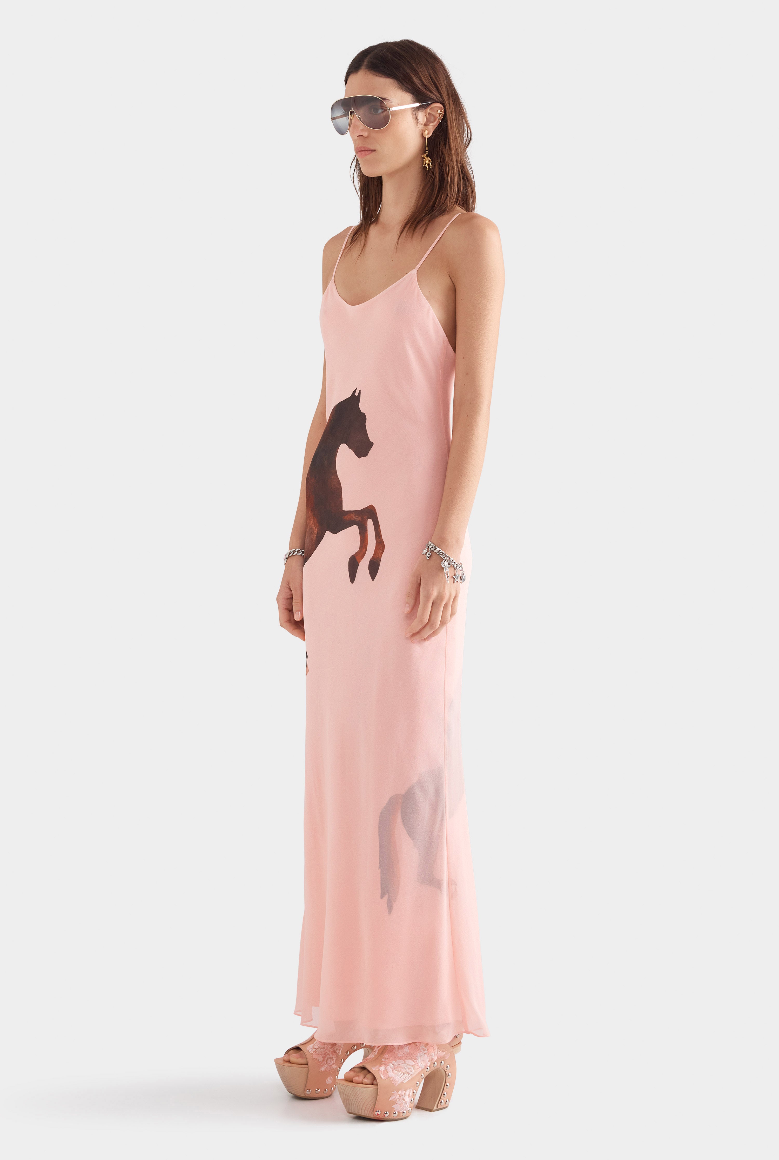Layered Silk Slip Maxi Dress - Pink/Horse Stamp