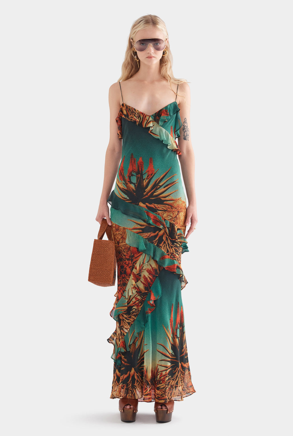 Silk Ruffle Slip Dress - Cactus Print