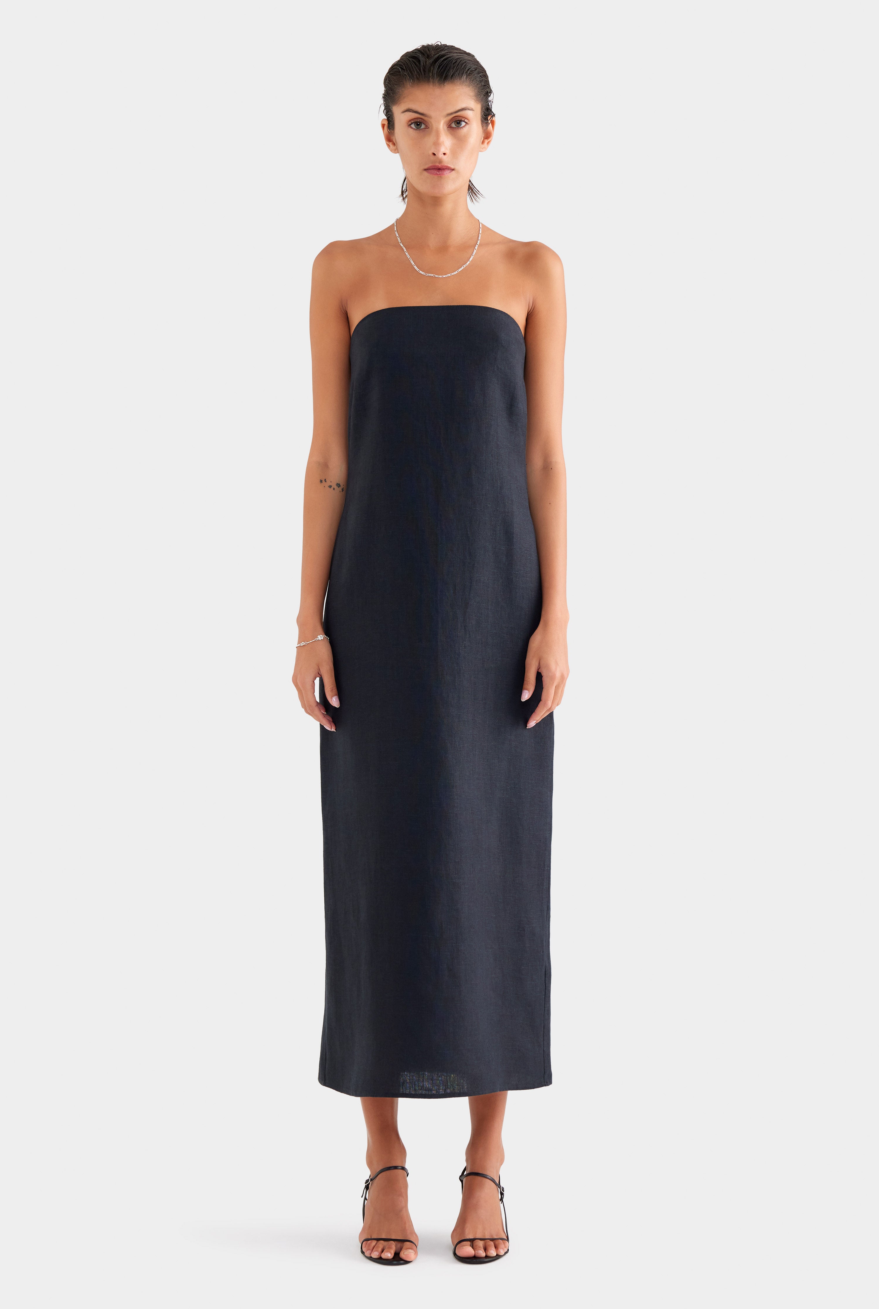 Linen Strapless Maxi Dress - Black