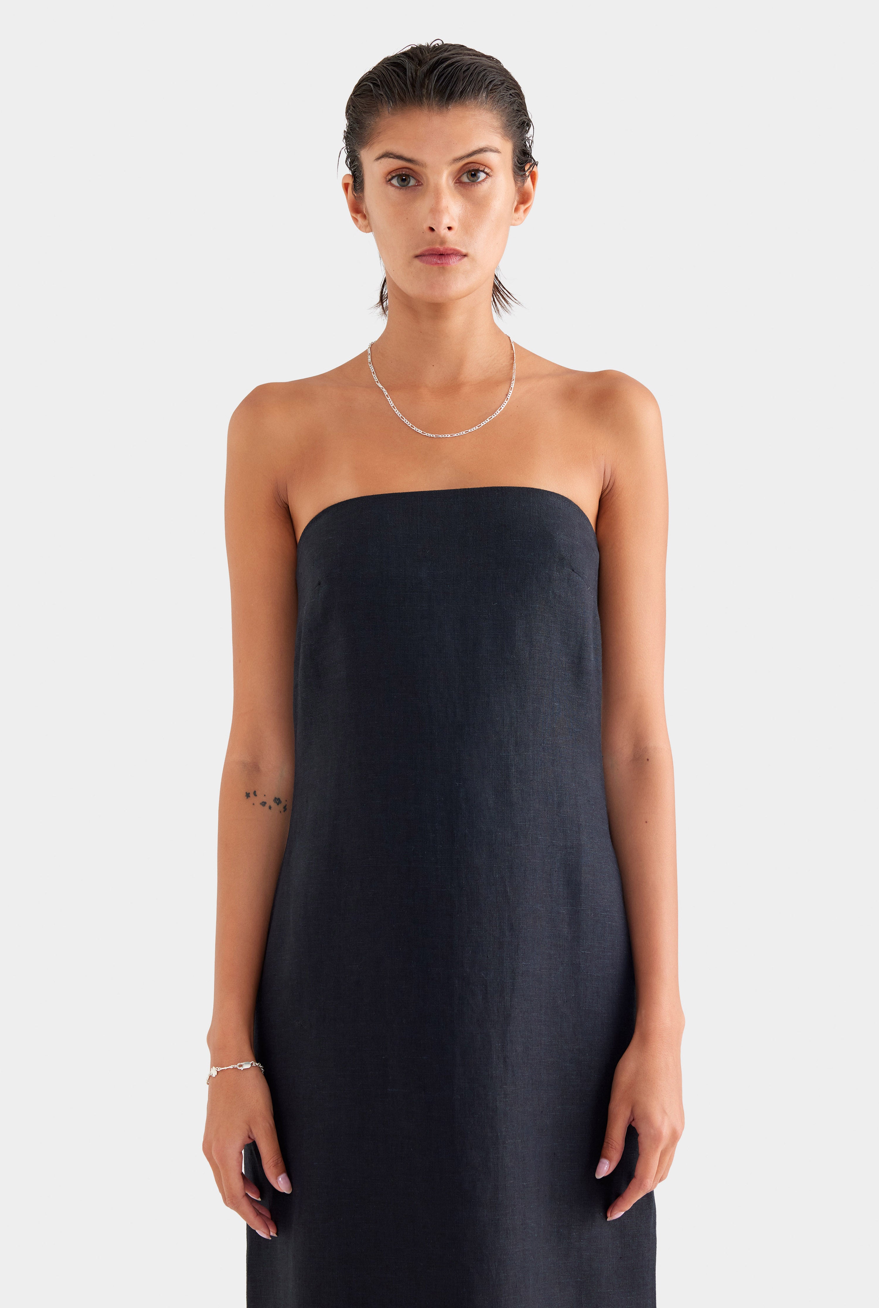 Linen Strapless Maxi Dress - Black