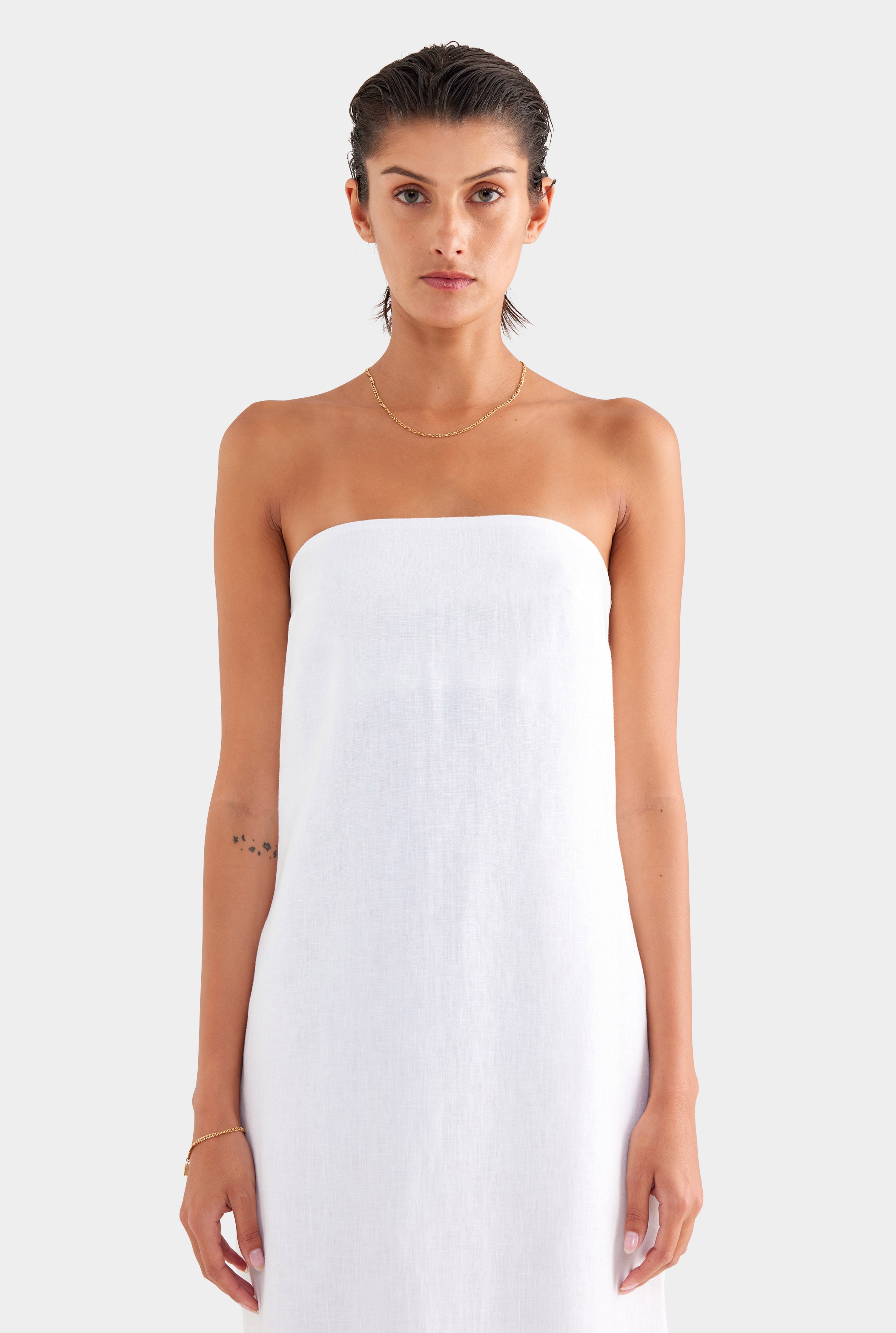 Linen Strapless Maxi Dress - White