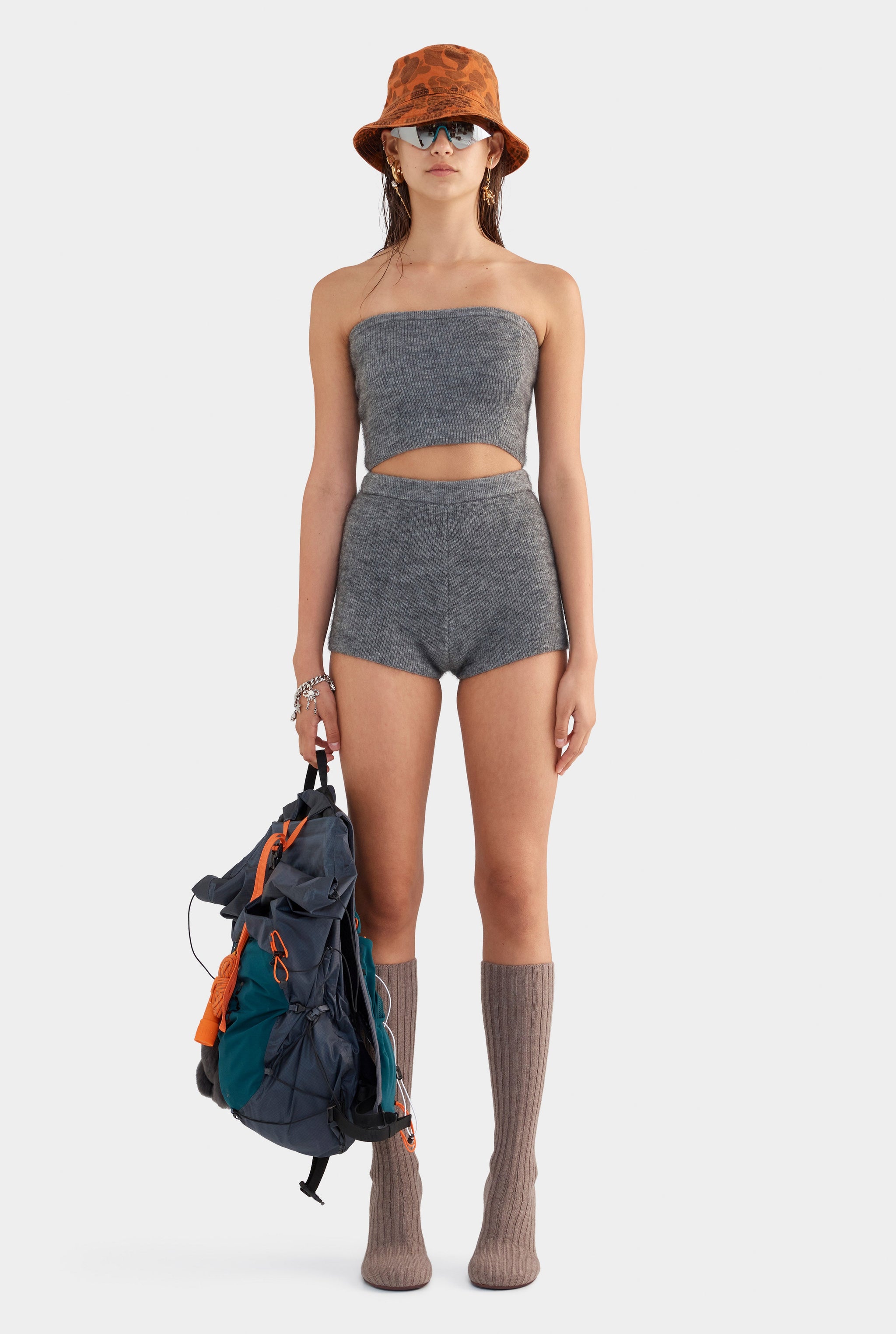 Mohair Wool Knit Strapless Top - Dark Grey Marl