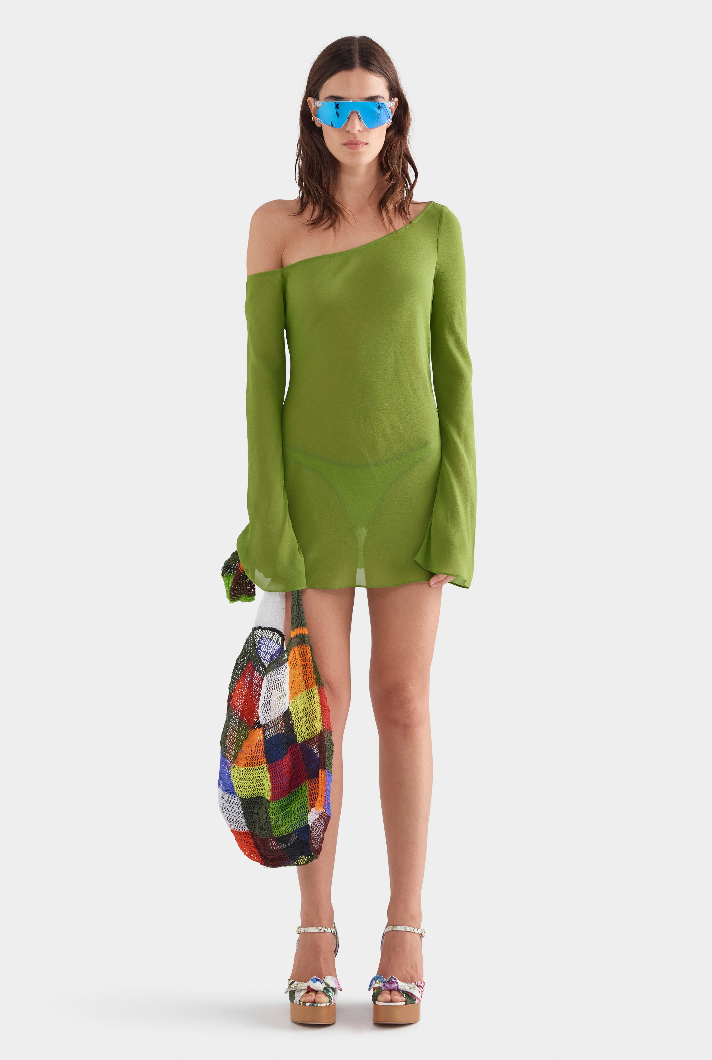 One Shoulder Silk Mini Dress - Leaf Green