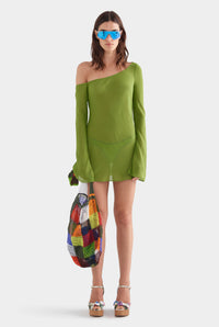 One Shoulder Silk Mini Dress - Leaf Green
