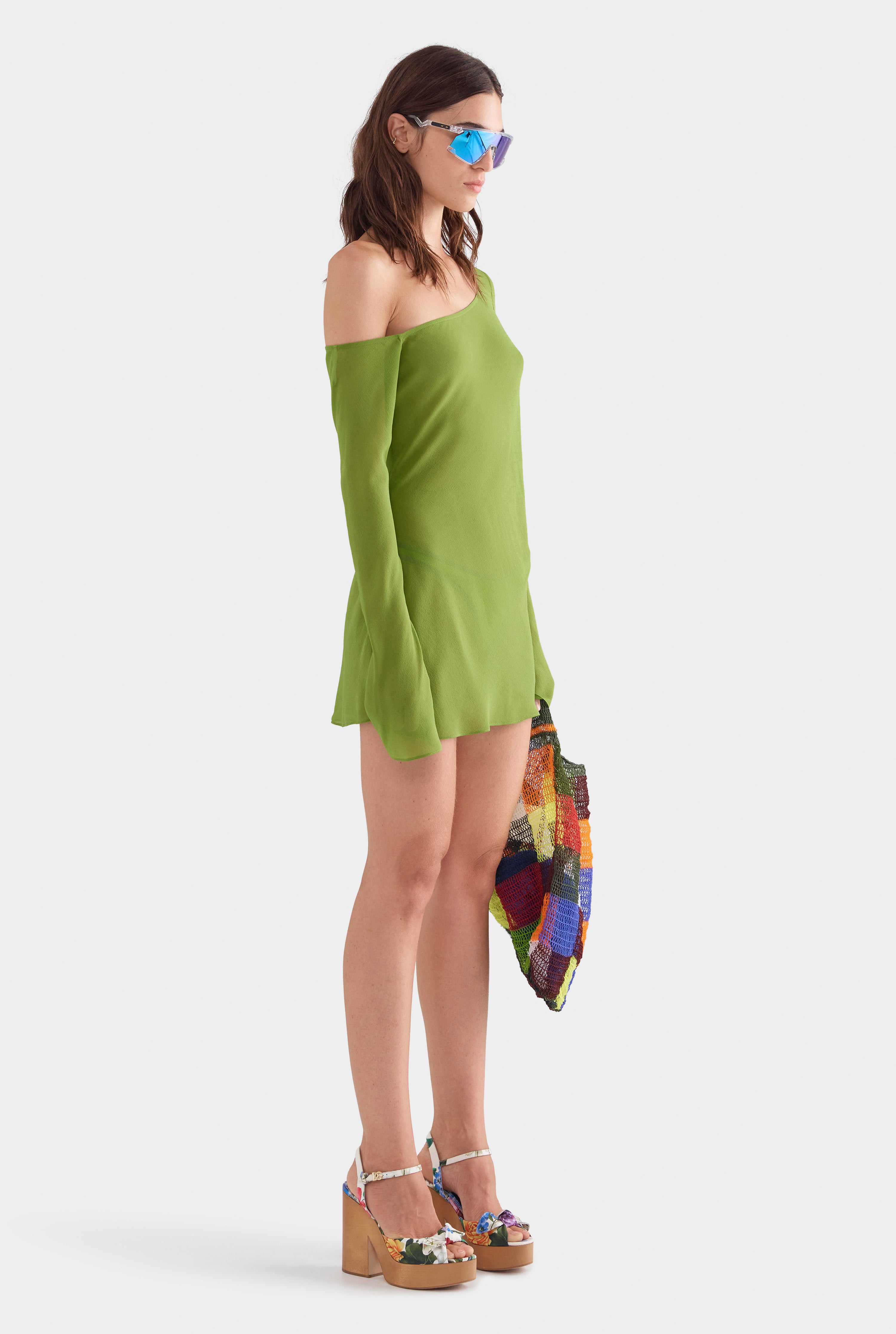 One Shoulder Silk Mini Dress - Leaf Green