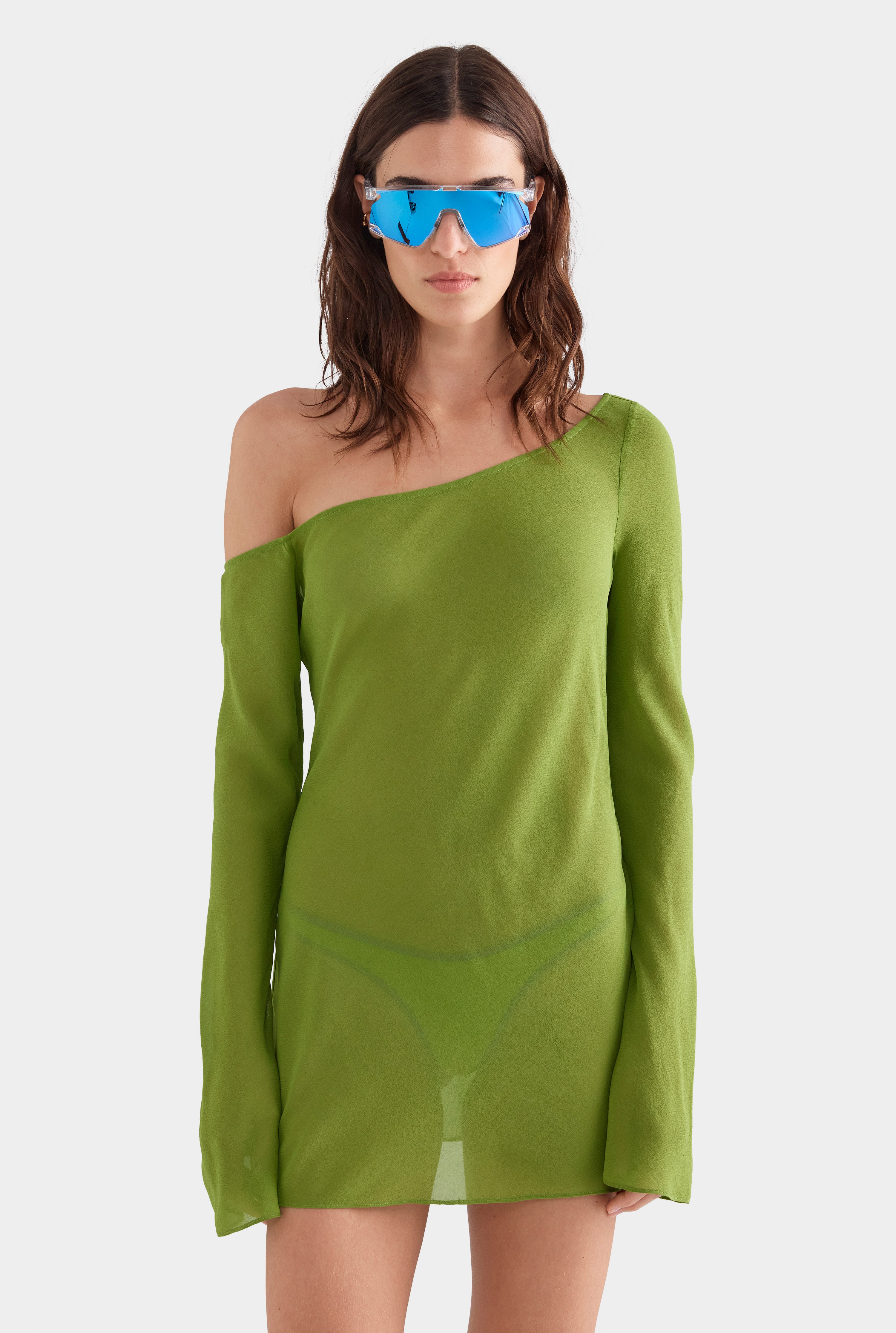 One Shoulder Silk Mini Dress - Leaf Green