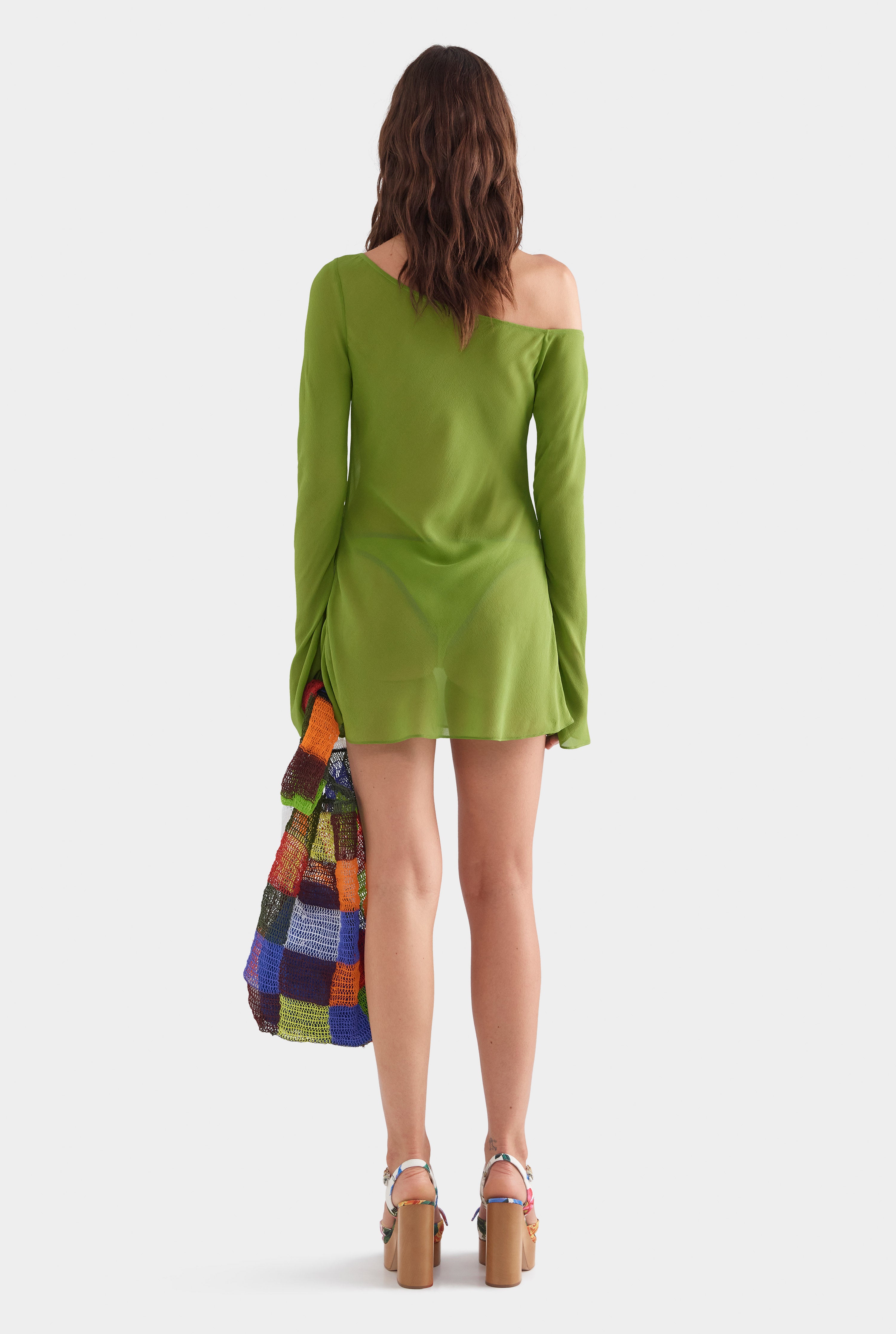 One Shoulder Silk Mini Dress - Leaf Green