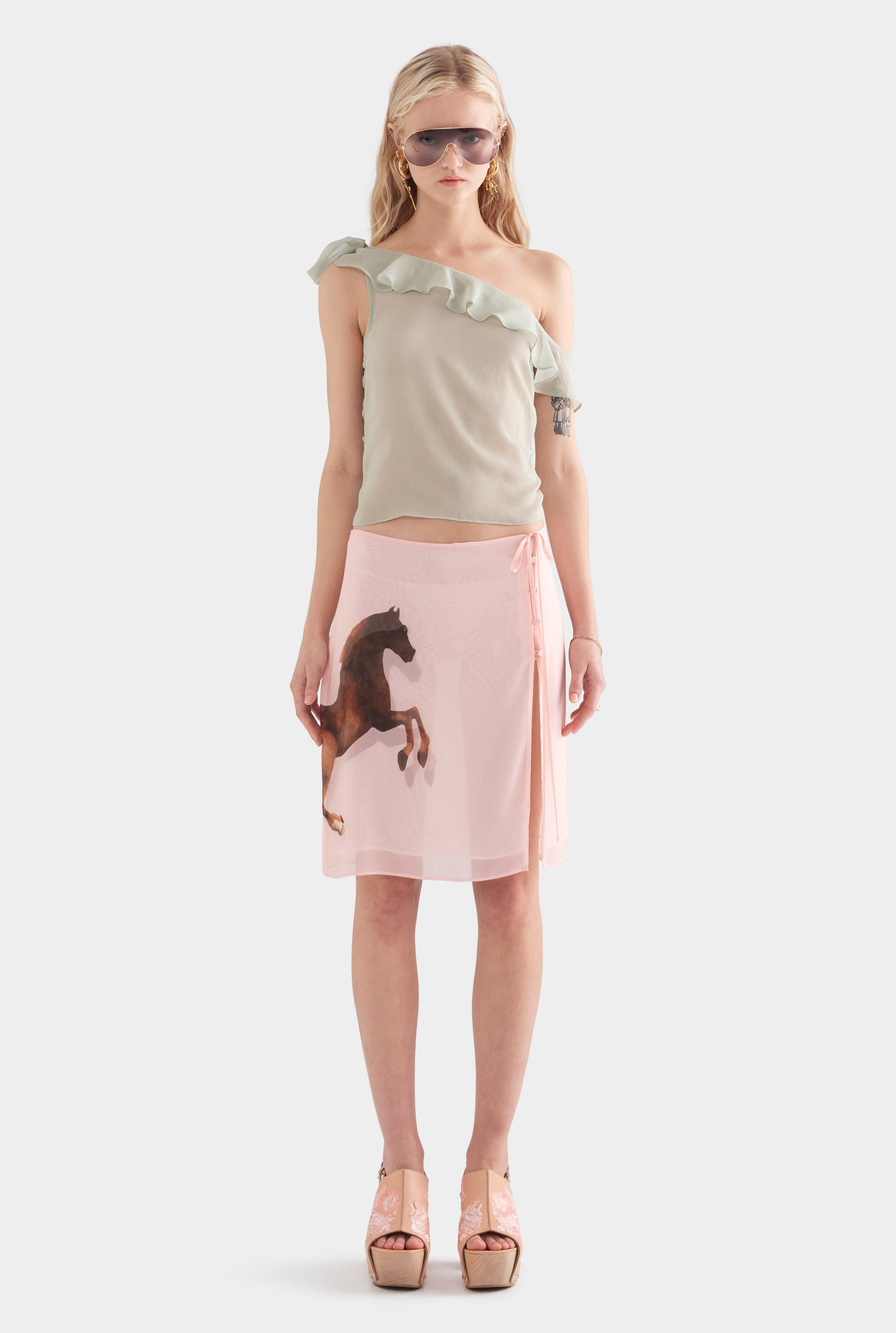 Layered Silk Skirt - Pink/Horse Stamp