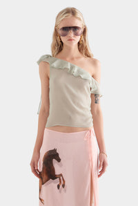One Shoulder Silk Tie Top - Sage/Horse Stamp