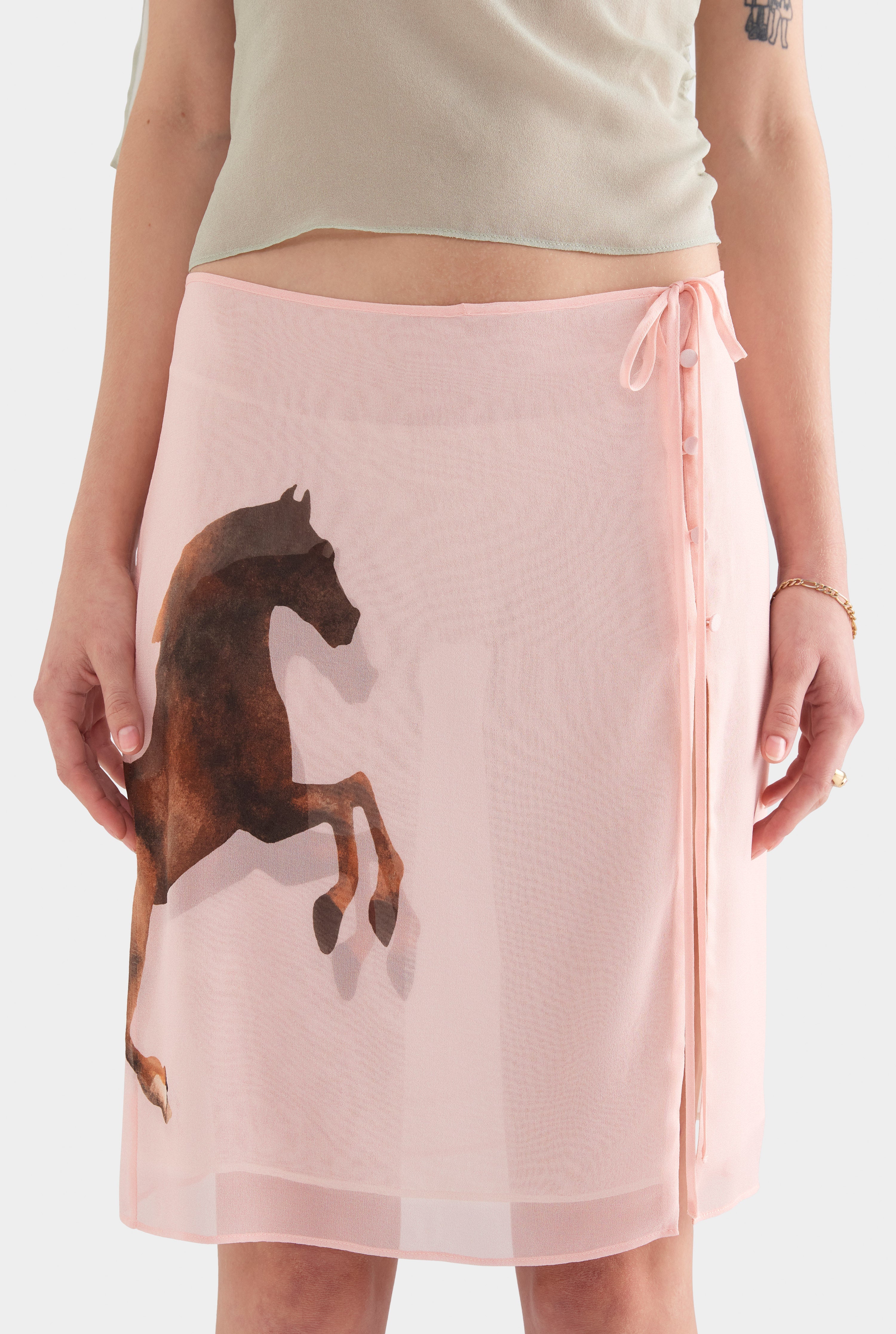 Layered Silk Skirt - Pink/Horse Stamp