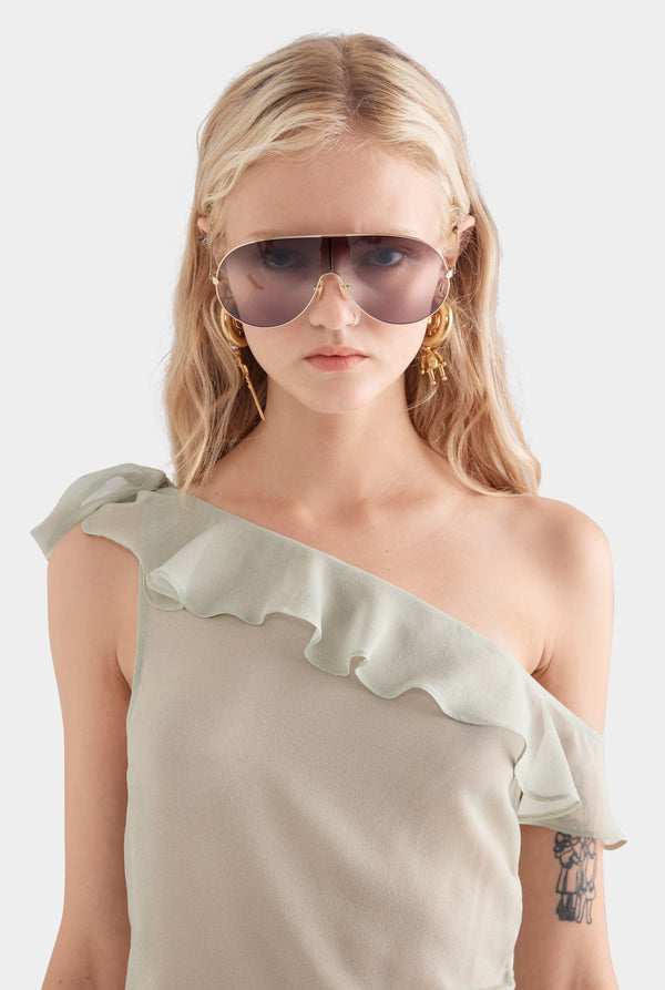 One Shoulder Silk Tie Top - Sage/Horse Stamp