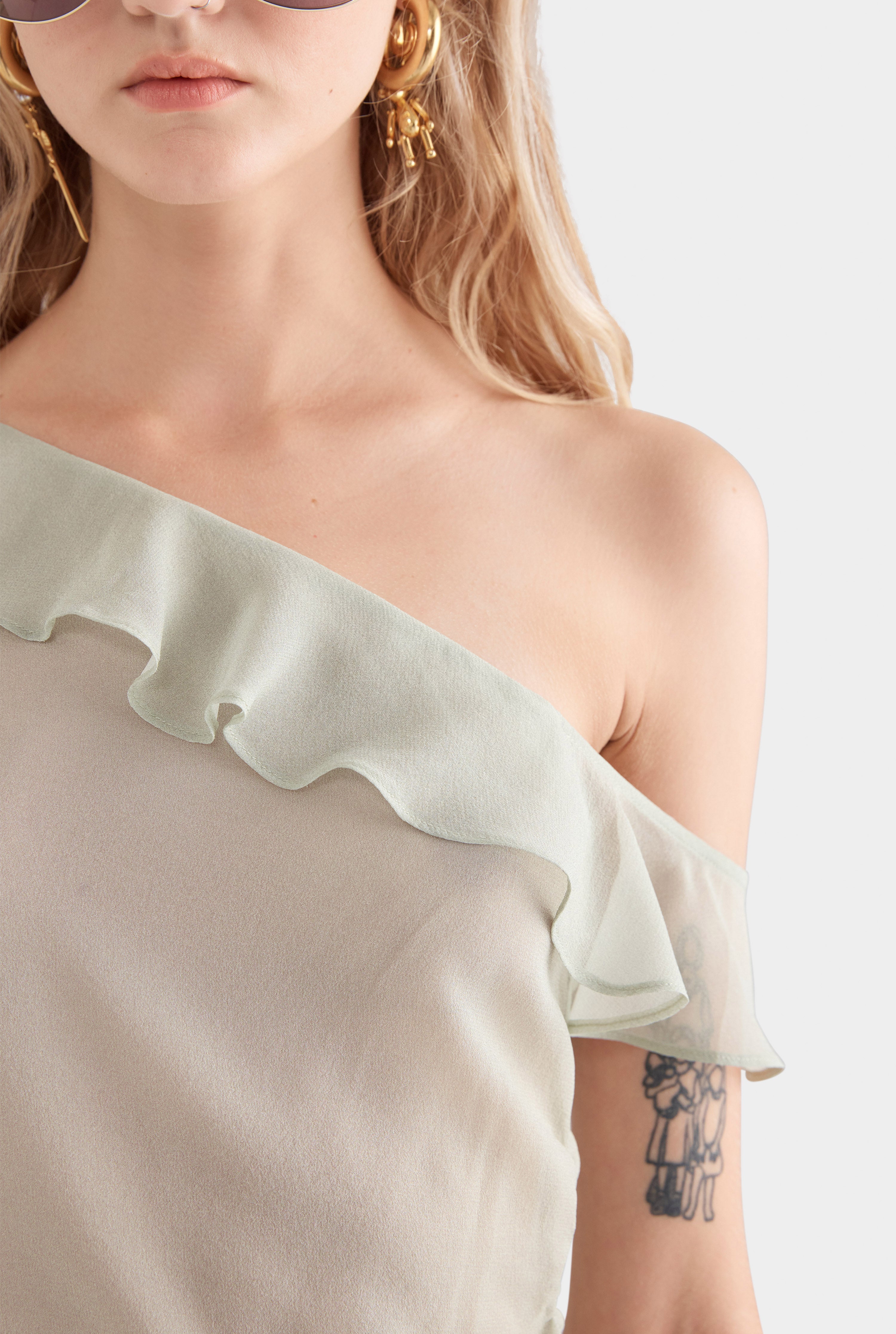 One Shoulder Silk Tie Top - Sage/Horse Stamp