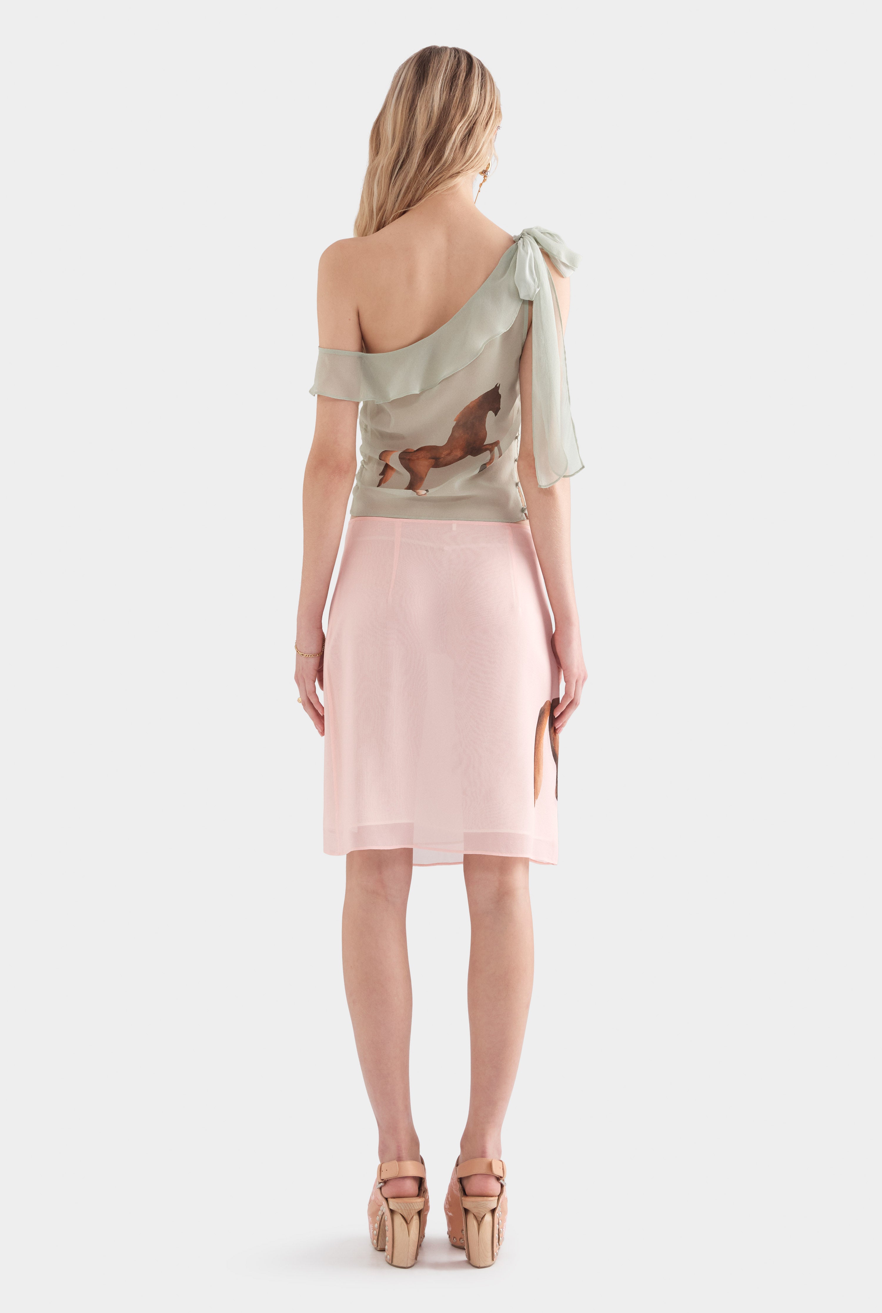 Layered Silk Skirt - Pink/Horse Stamp