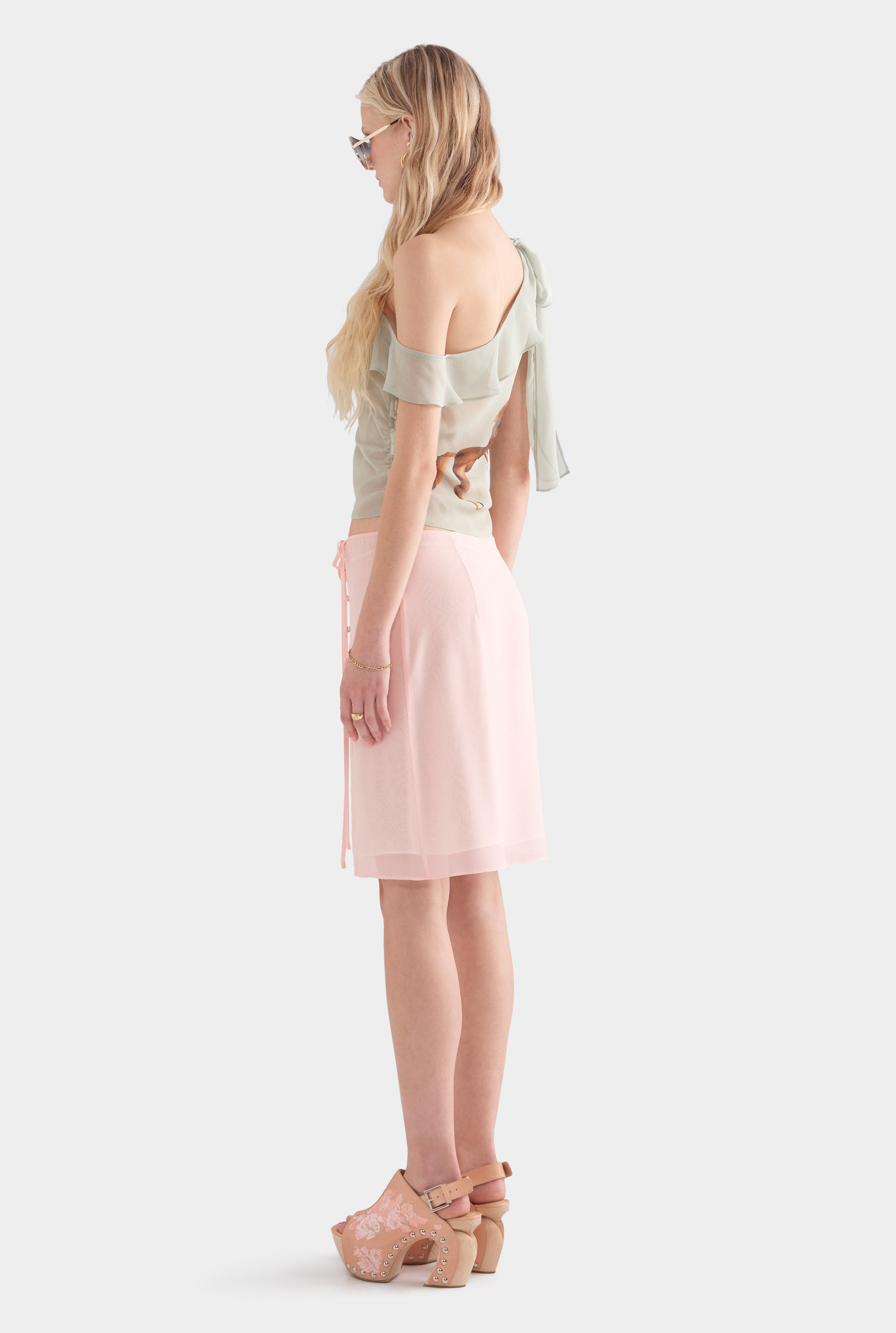 One Shoulder Silk Tie Top - Sage/Horse Stamp