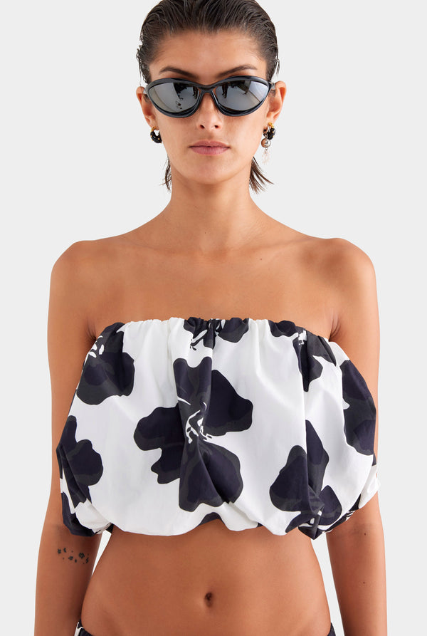 Printed Cotton Strapless Bubble Top - White/Black Hibiscus