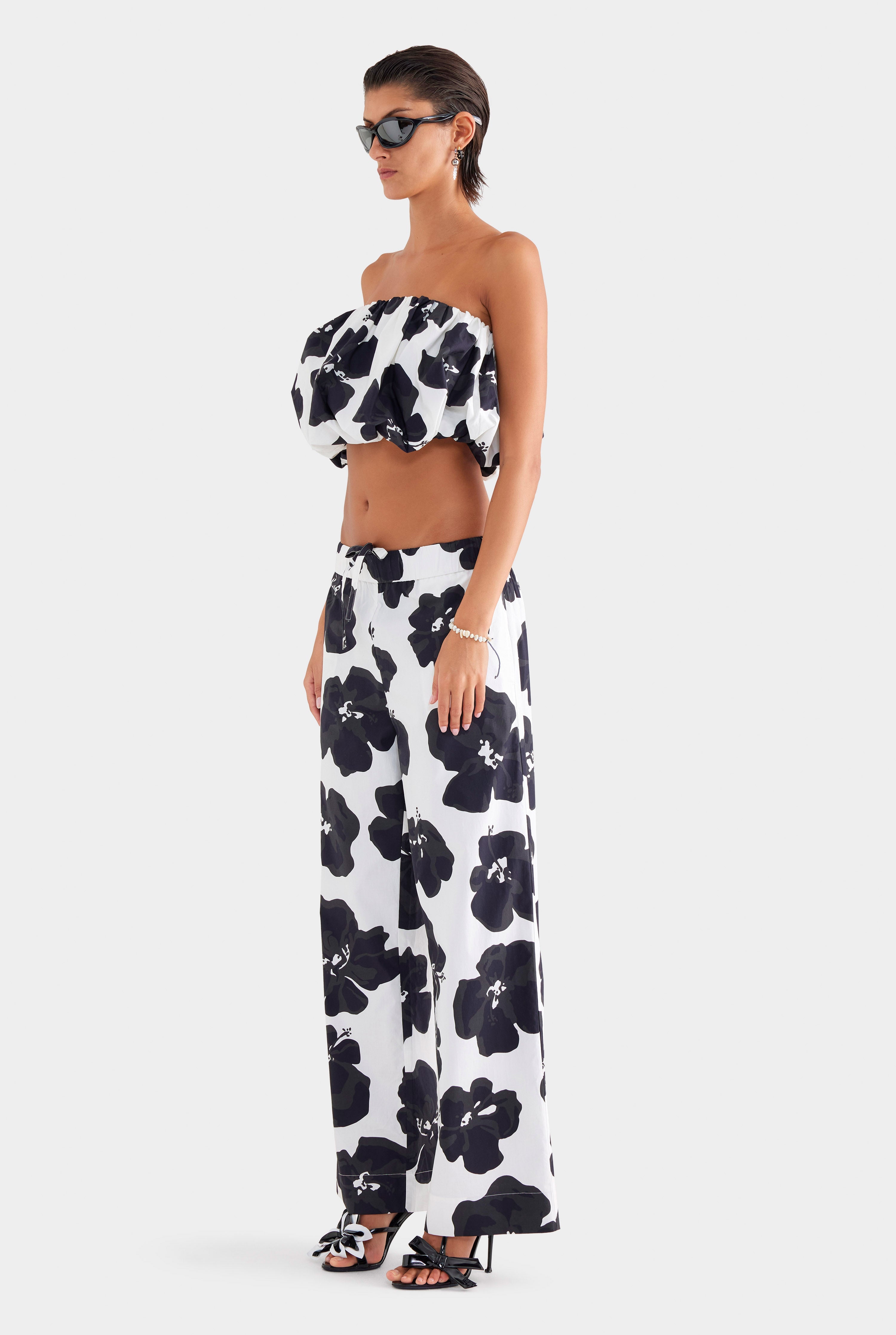 Printed Cotton Strapless Bubble Top - White/Black Hibiscus