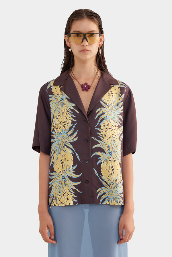 Relaxed Silk Camp Collar Shirt - Pineapple Print