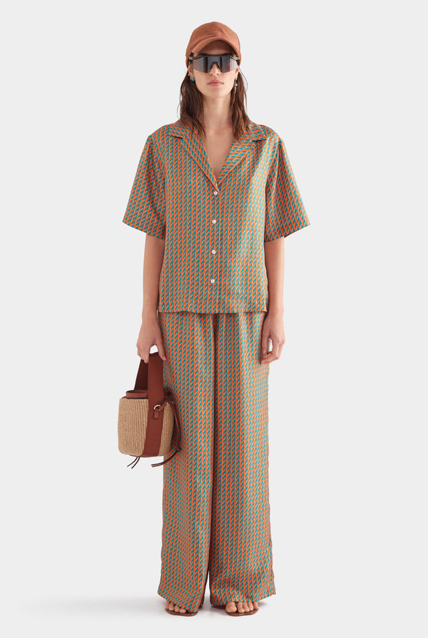 Relaxed Silk Camp Collar Shirt - Teal/Bright Orange V Monogram