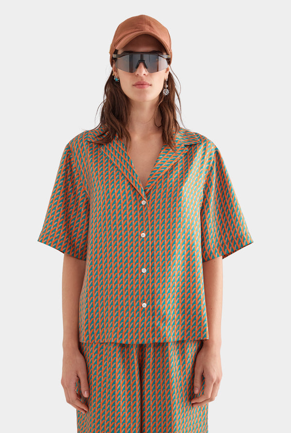 Relaxed Silk Camp Collar Shirt - Teal/Bright Orange V Monogram