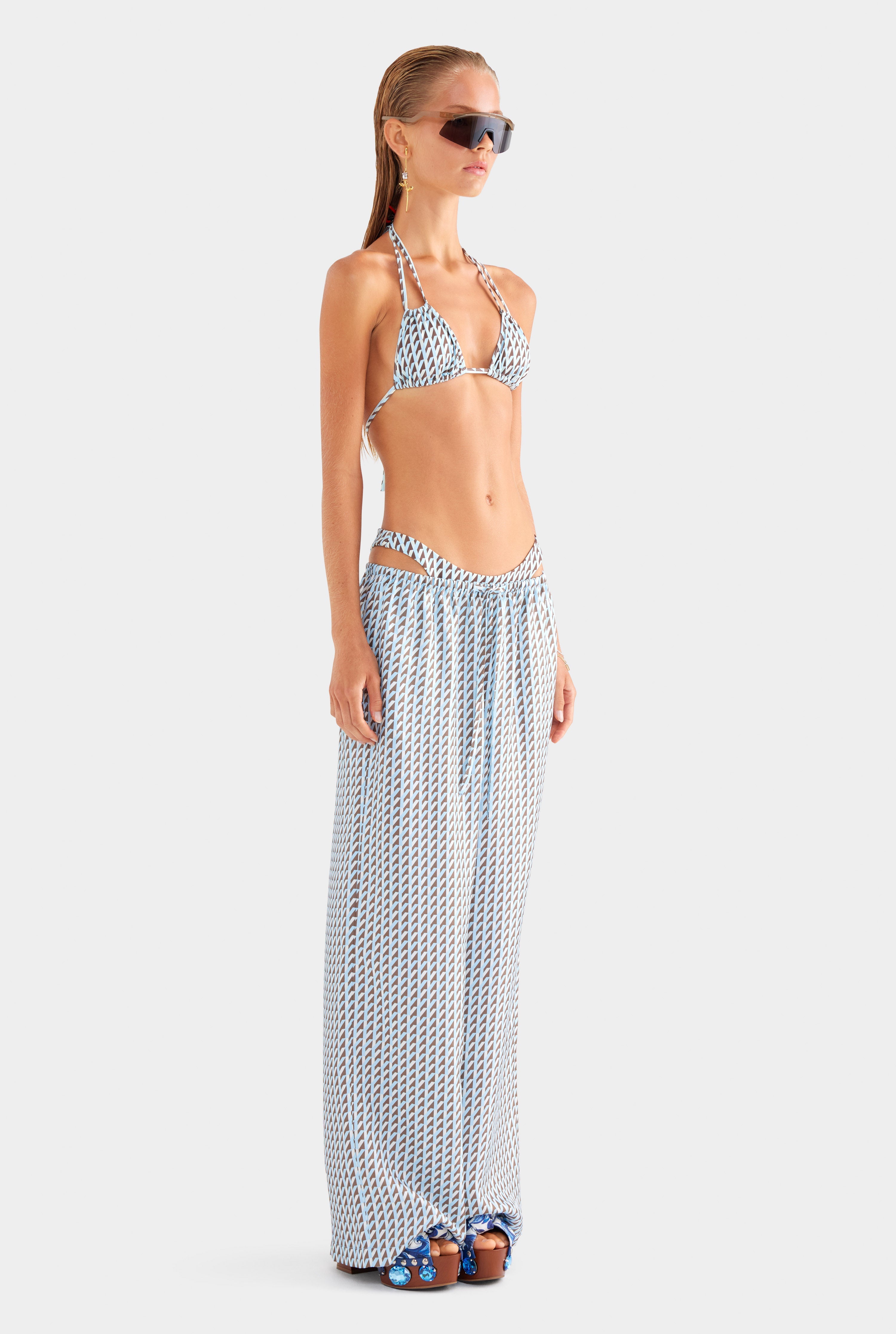 Relaxed Silk Drawstring Pant - Powder Blue/Chestnut V Monogram