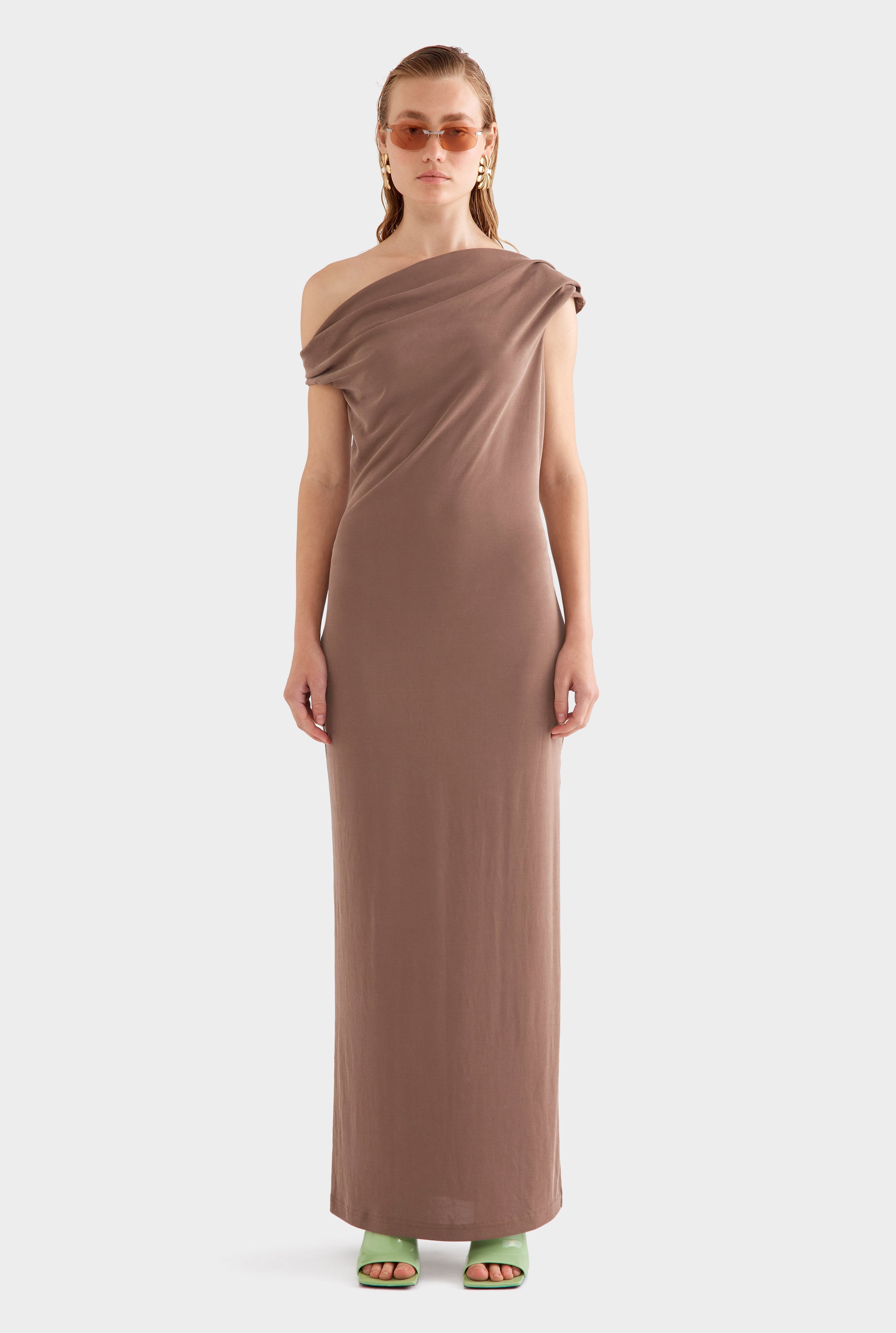 Asymmetrical Draped Jersey Dress - Chestnut