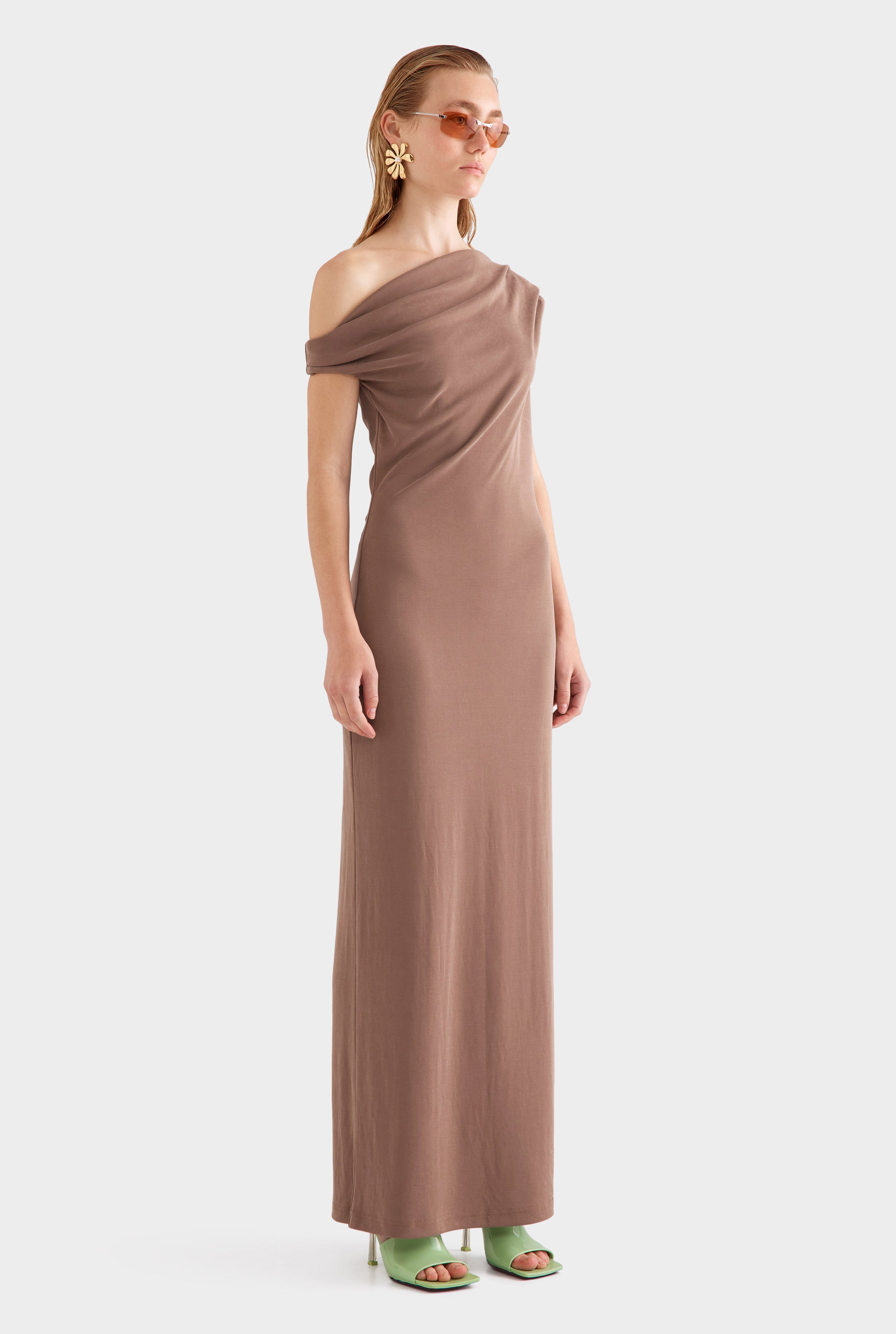 Asymmetrical Draped Jersey Dress - Chestnut