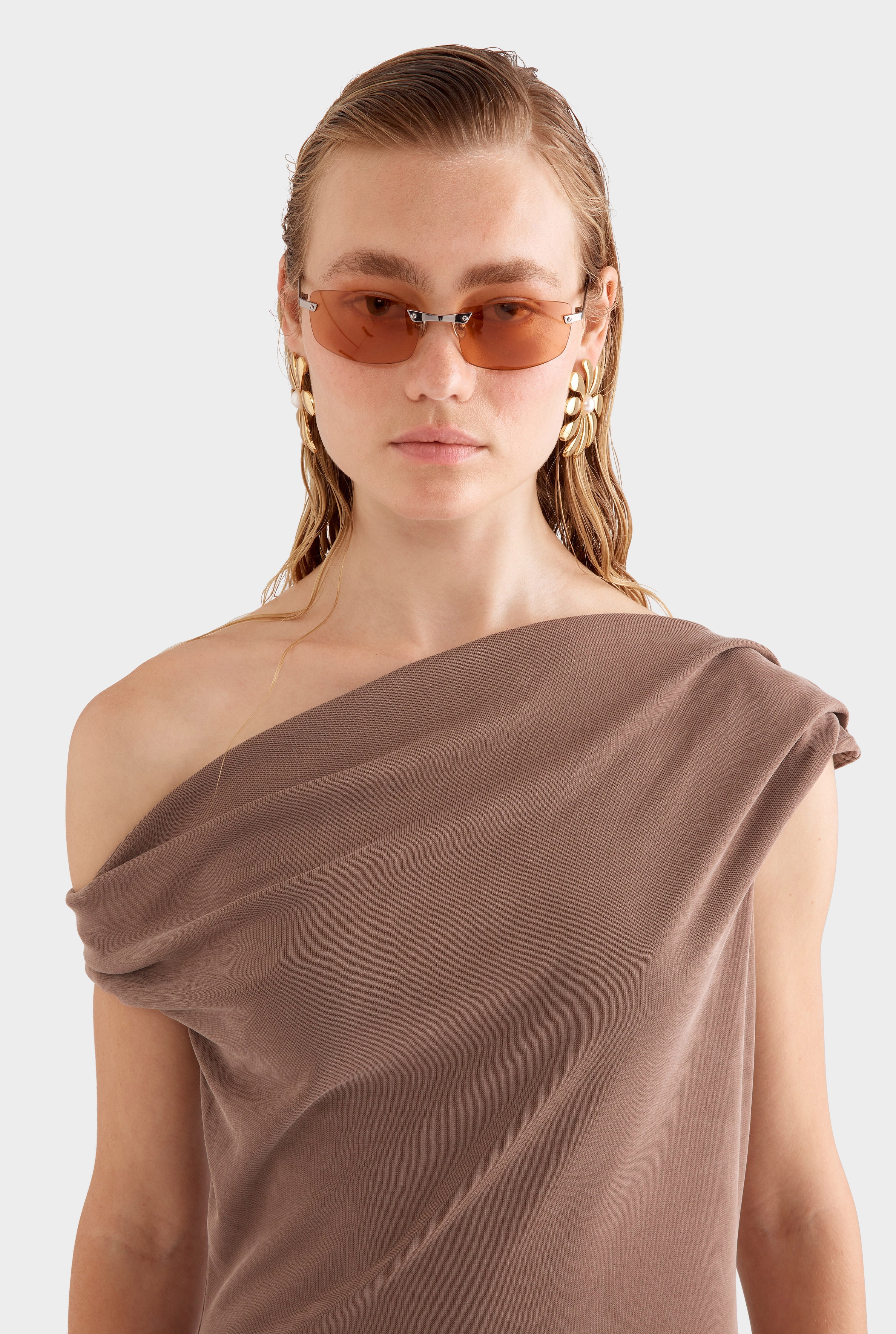 Asymmetrical Draped Jersey Dress - Chestnut