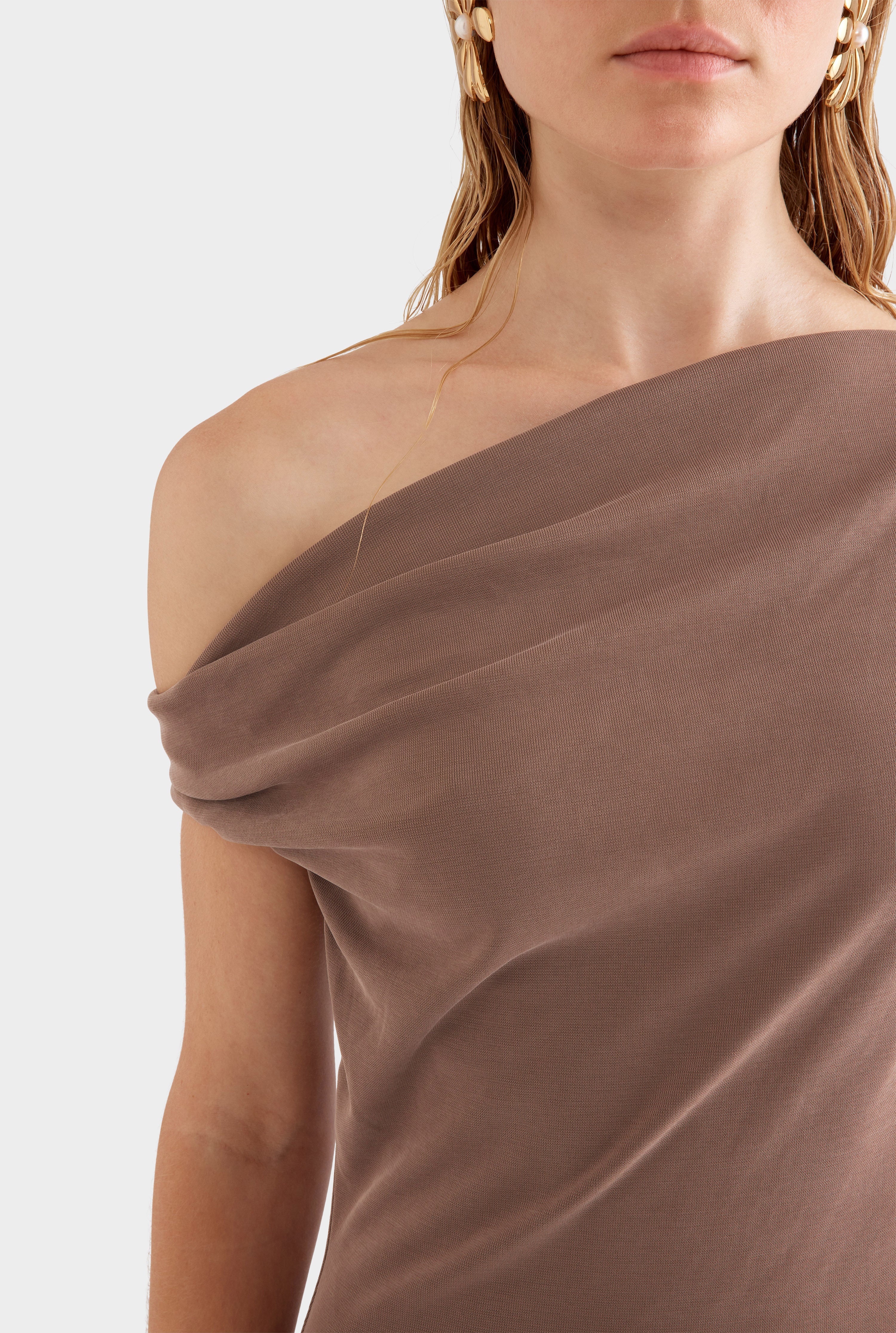 Asymmetrical Draped Jersey Dress - Chestnut