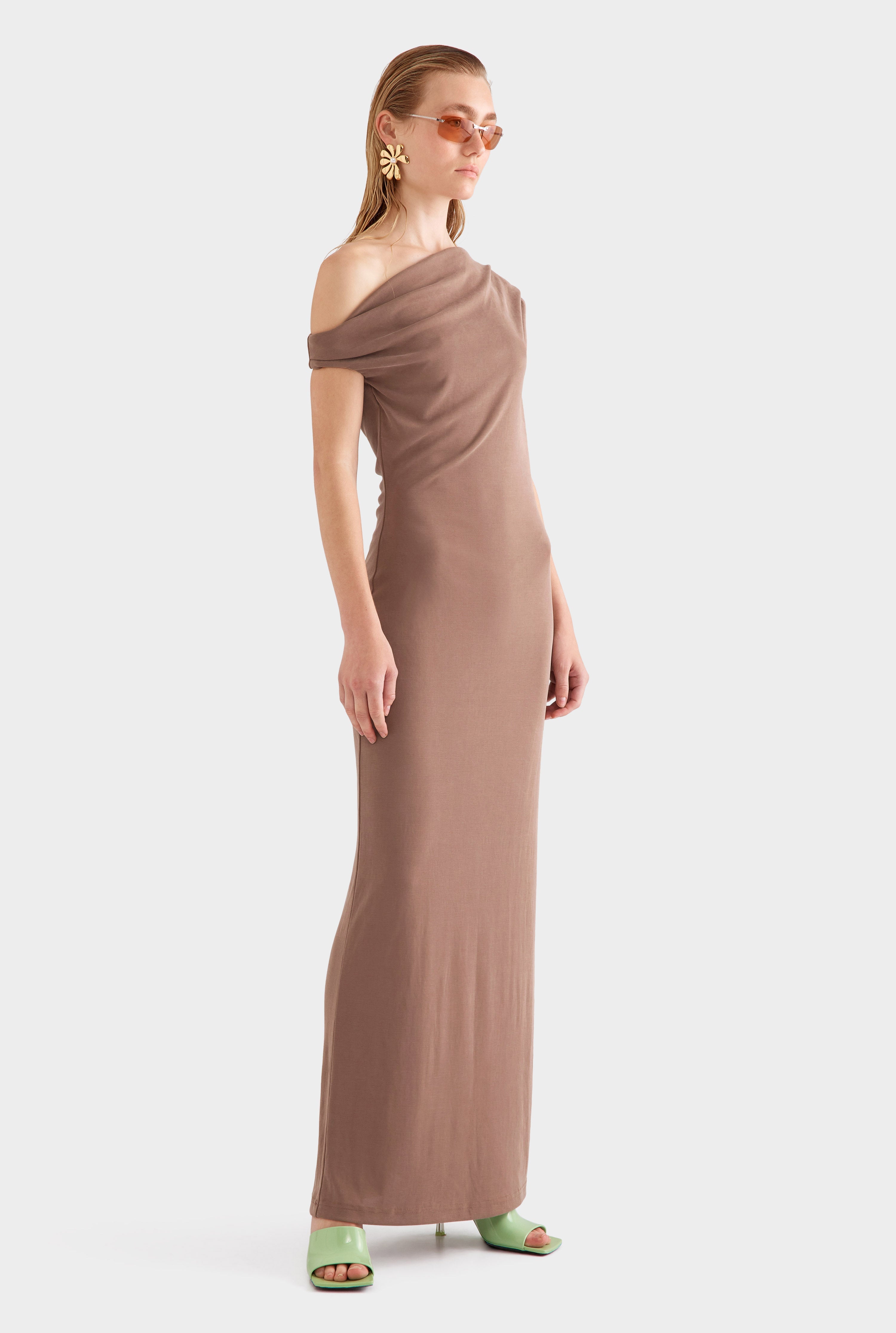 Asymmetrical Draped Jersey Dress - Chestnut