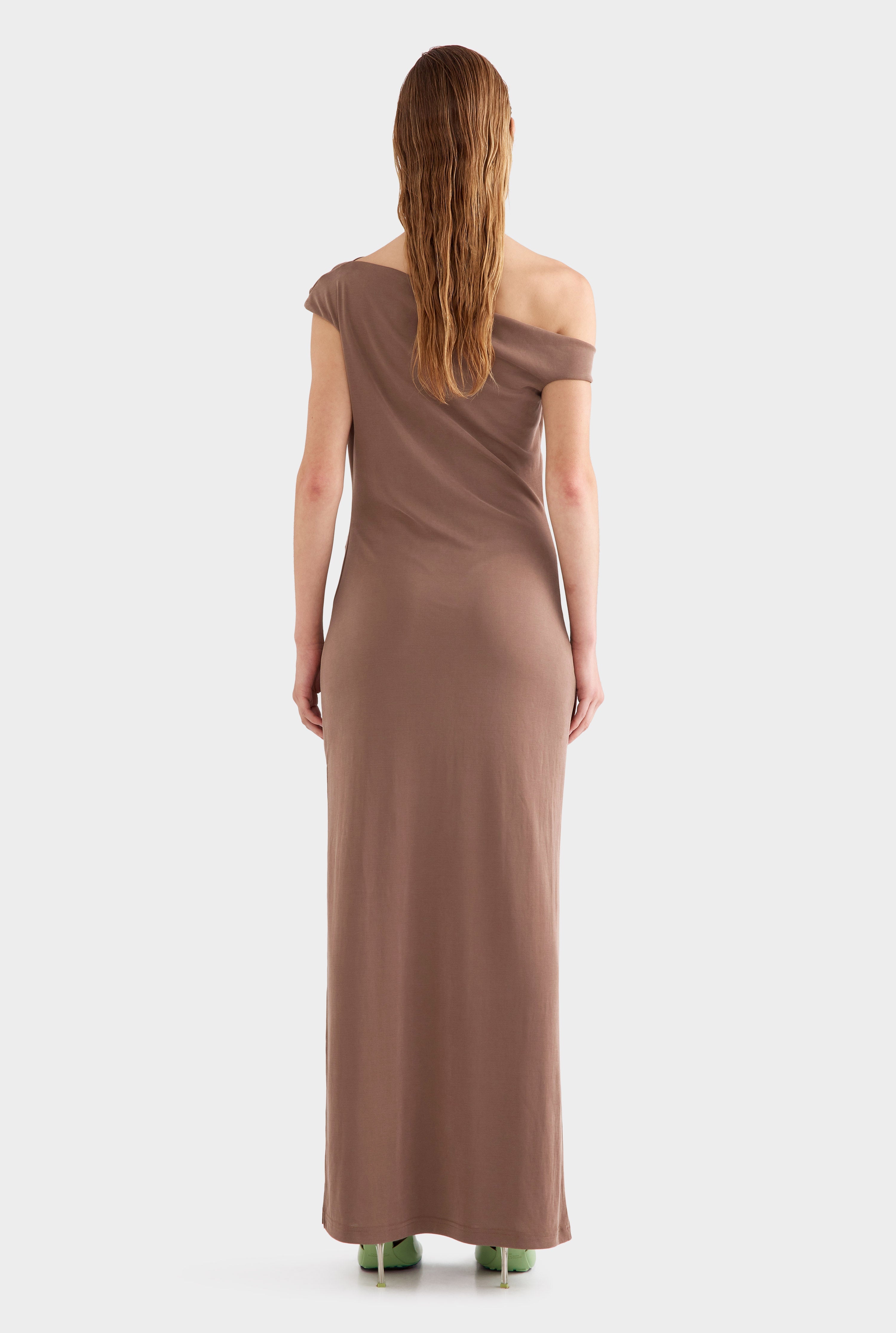 Asymmetrical Draped Jersey Dress - Chestnut