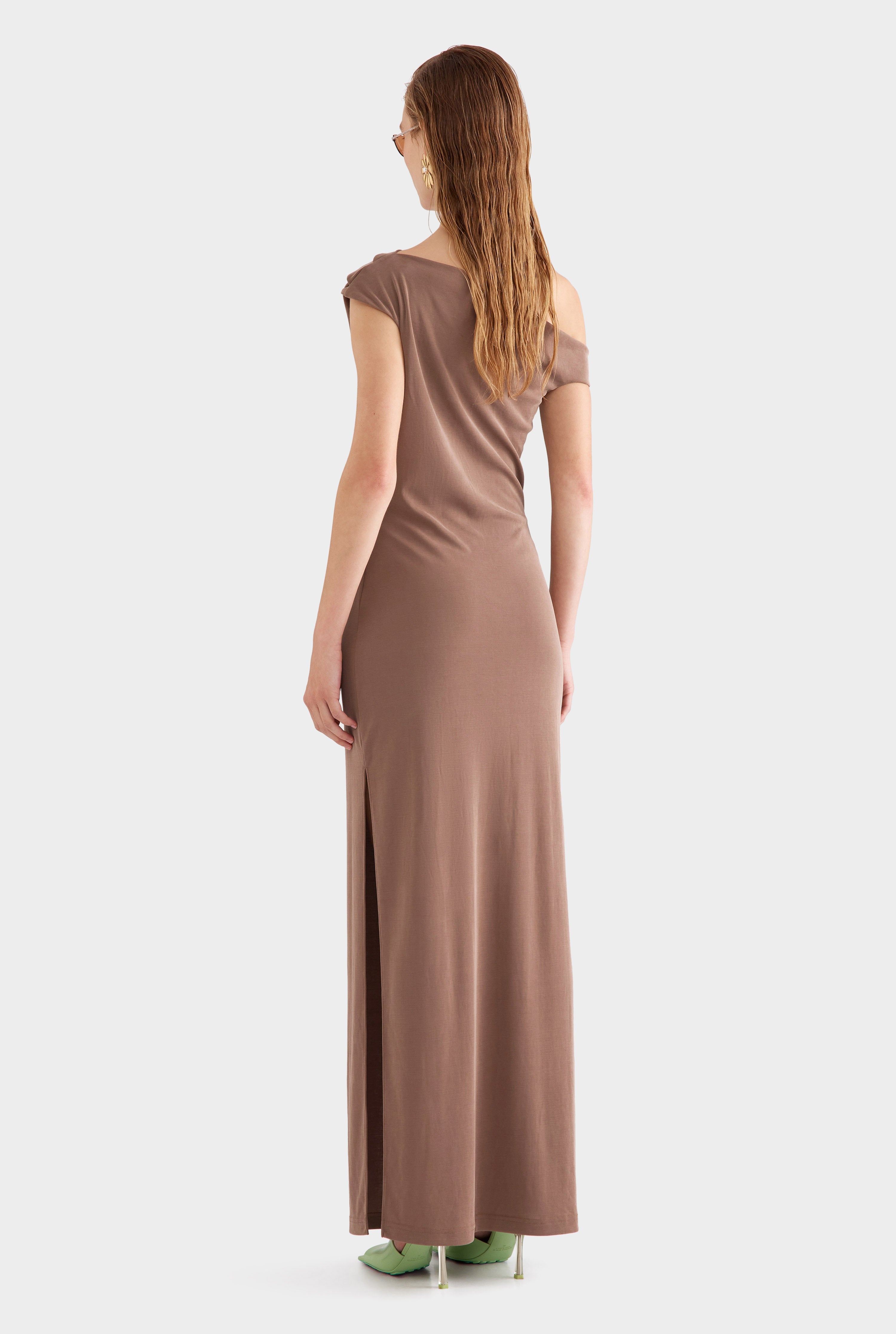 Asymmetrical Draped Jersey Dress - Chestnut