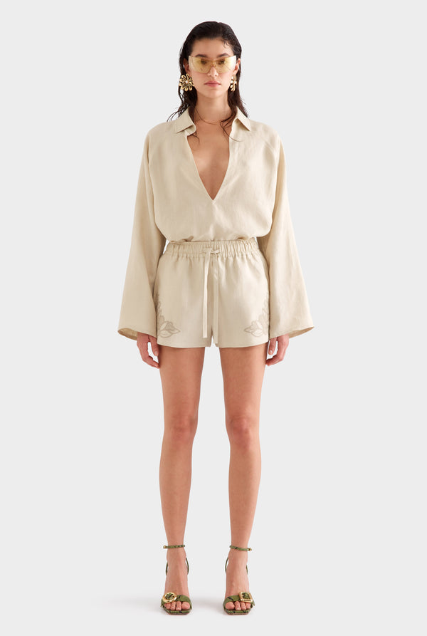 Embroidered Linen Short - Pistachio Shell