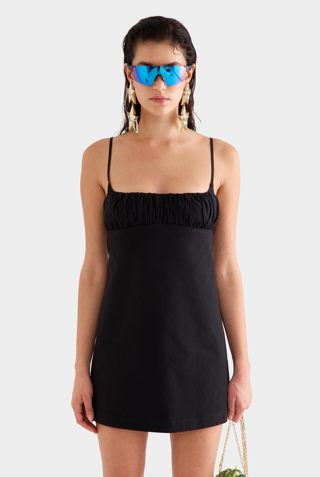 Gathered Bodice Mini Dress - Black