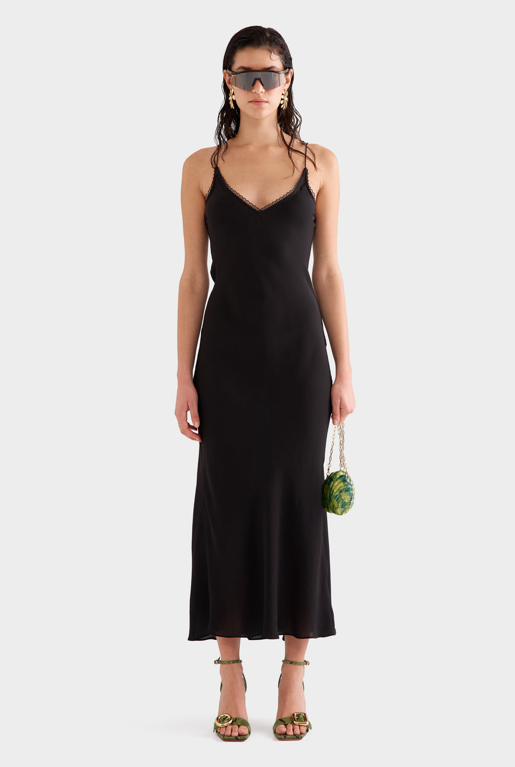 Lace Trim Silk Open Back Dress - Black