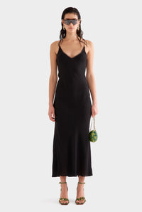 Lace Trim Silk Open Back Dress - Black