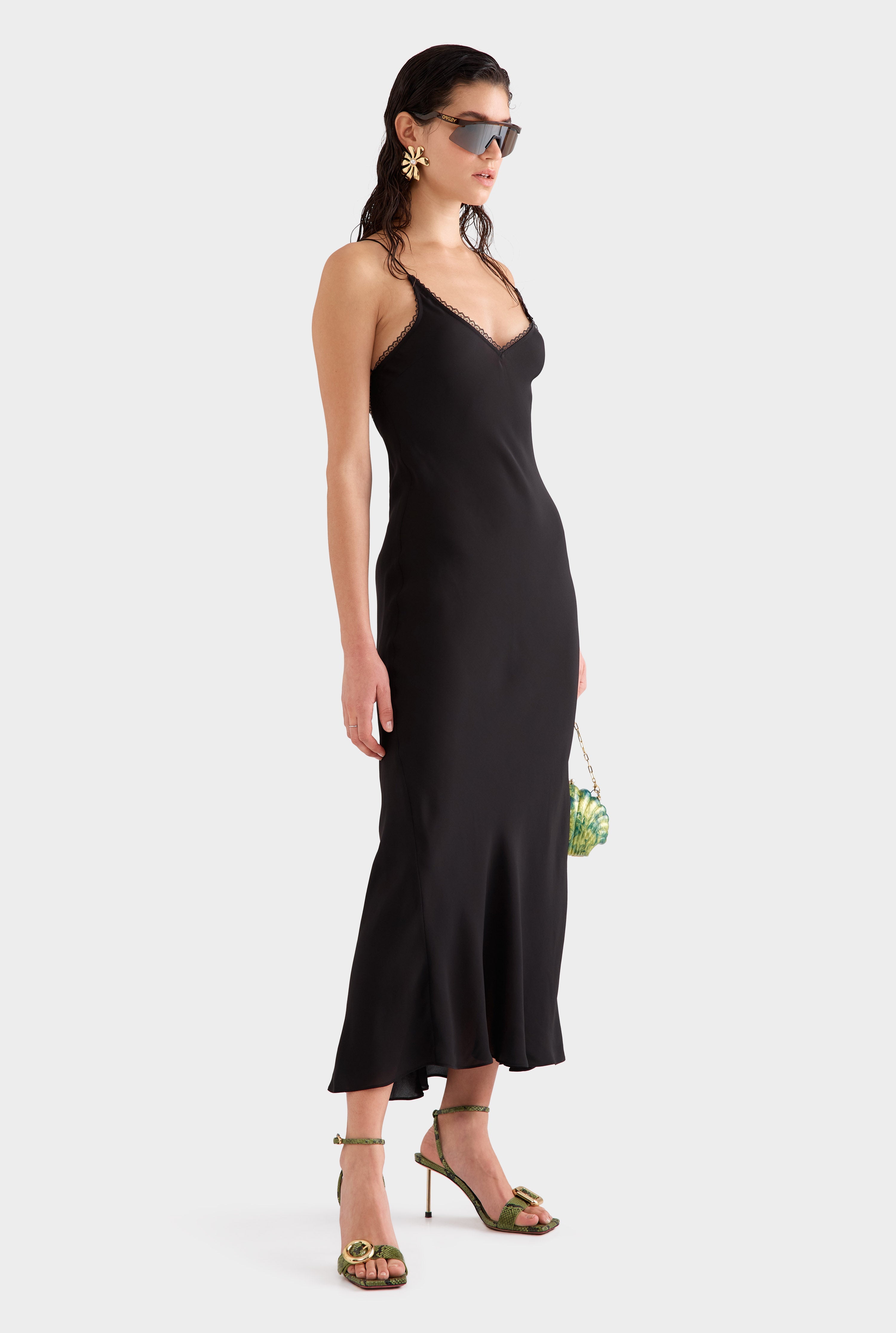 Lace Trim Silk Open Back Dress - Black