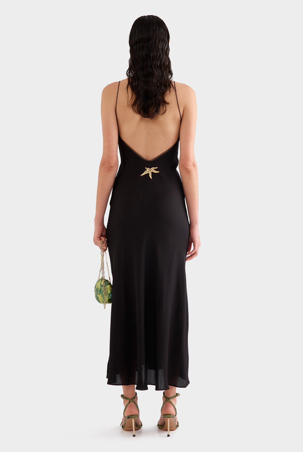 Lace Trim Silk Open Back Dress - Black