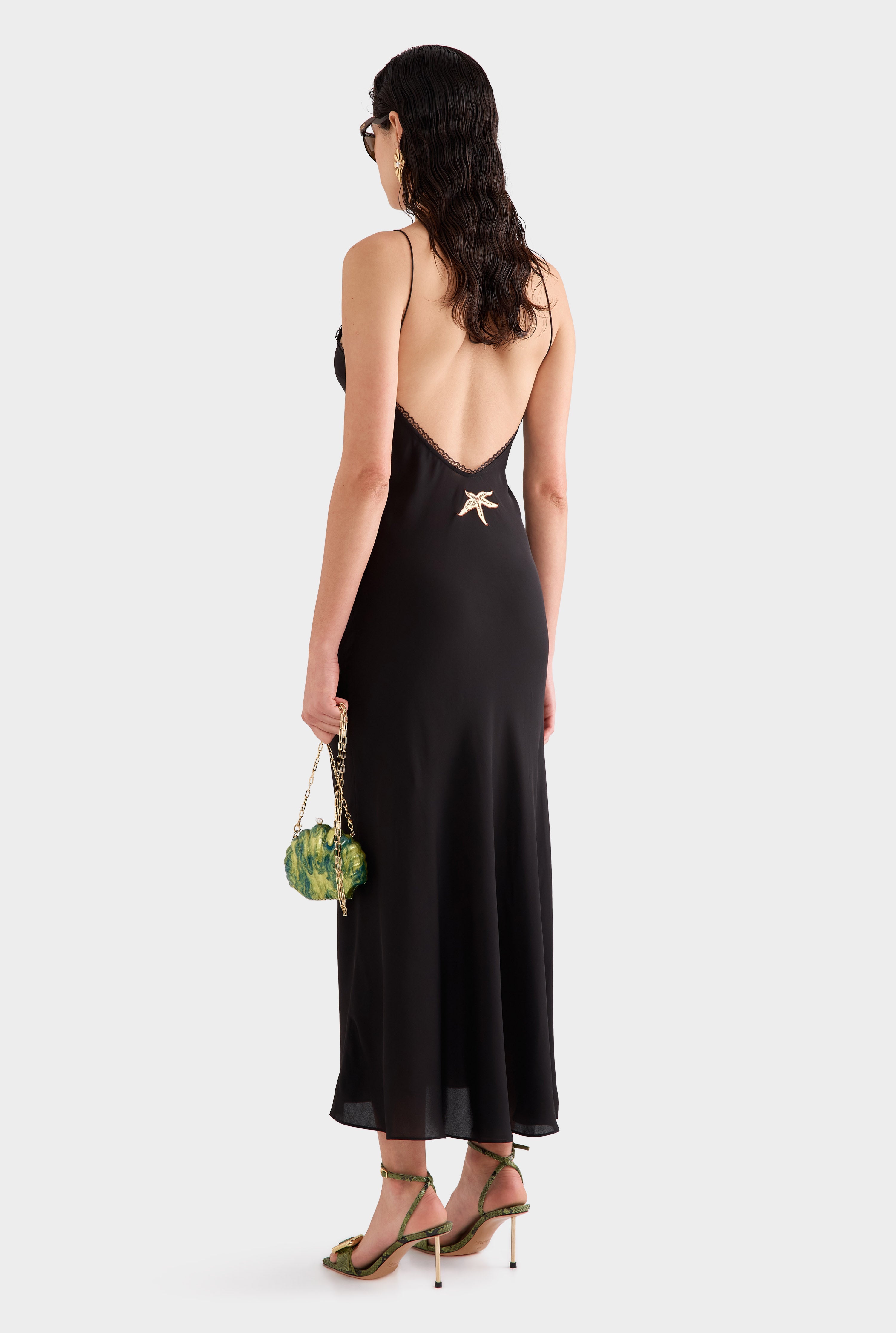 Lace Trim Silk Open Back Dress - Black