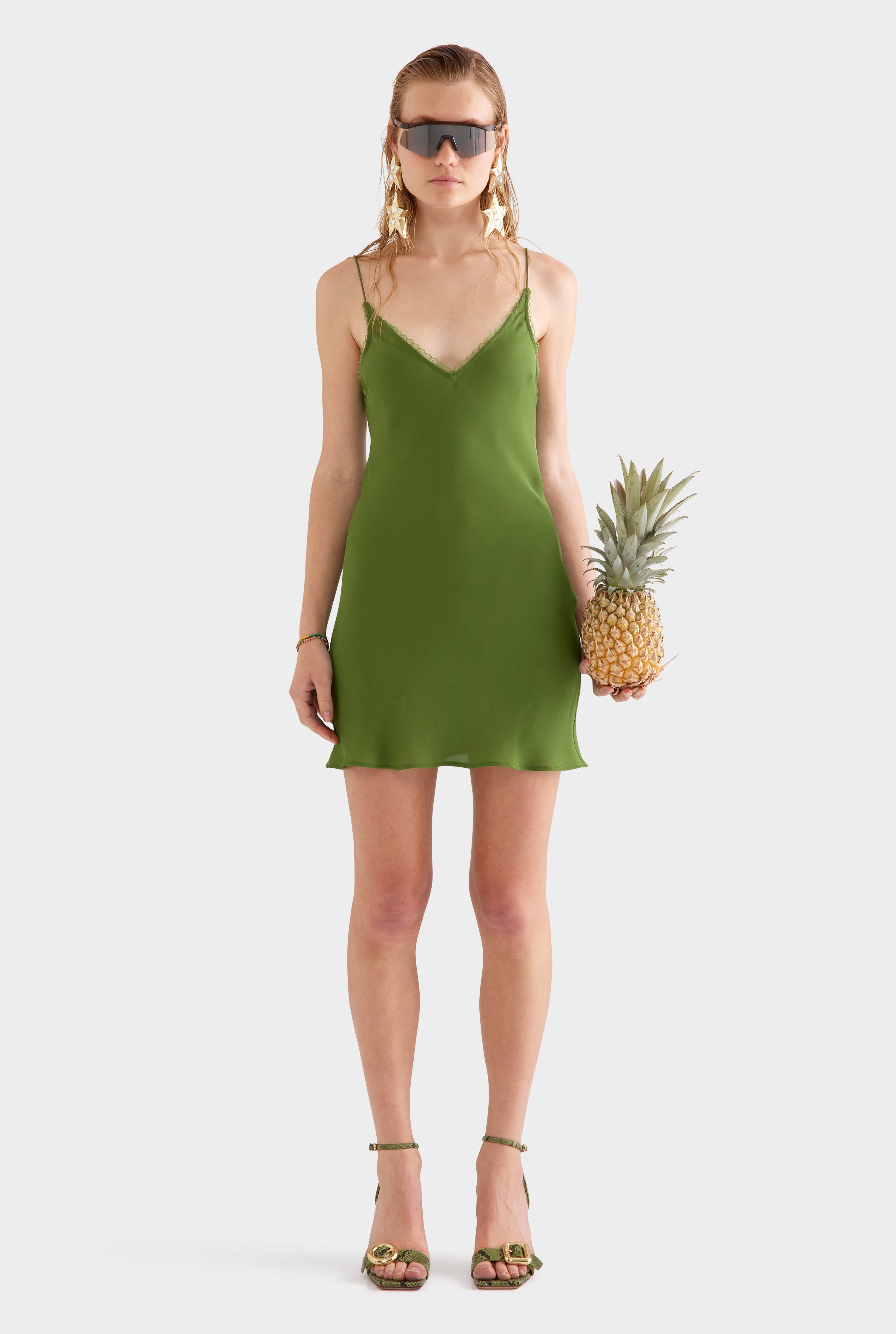 Lace Trim Silk Open Back Mini Dress - Cactus