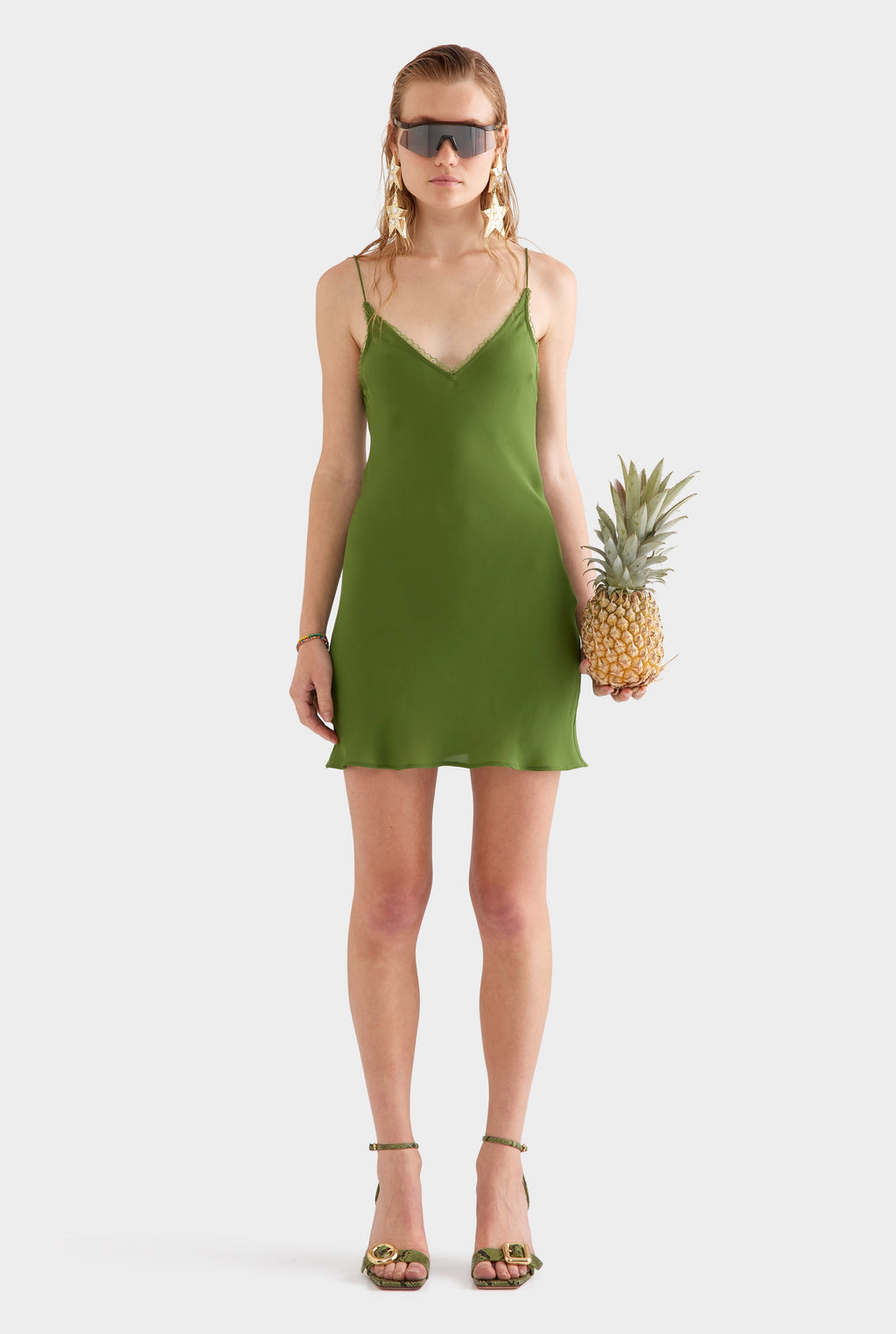 Lace Trim Silk Open Back Mini Dress - Cactus