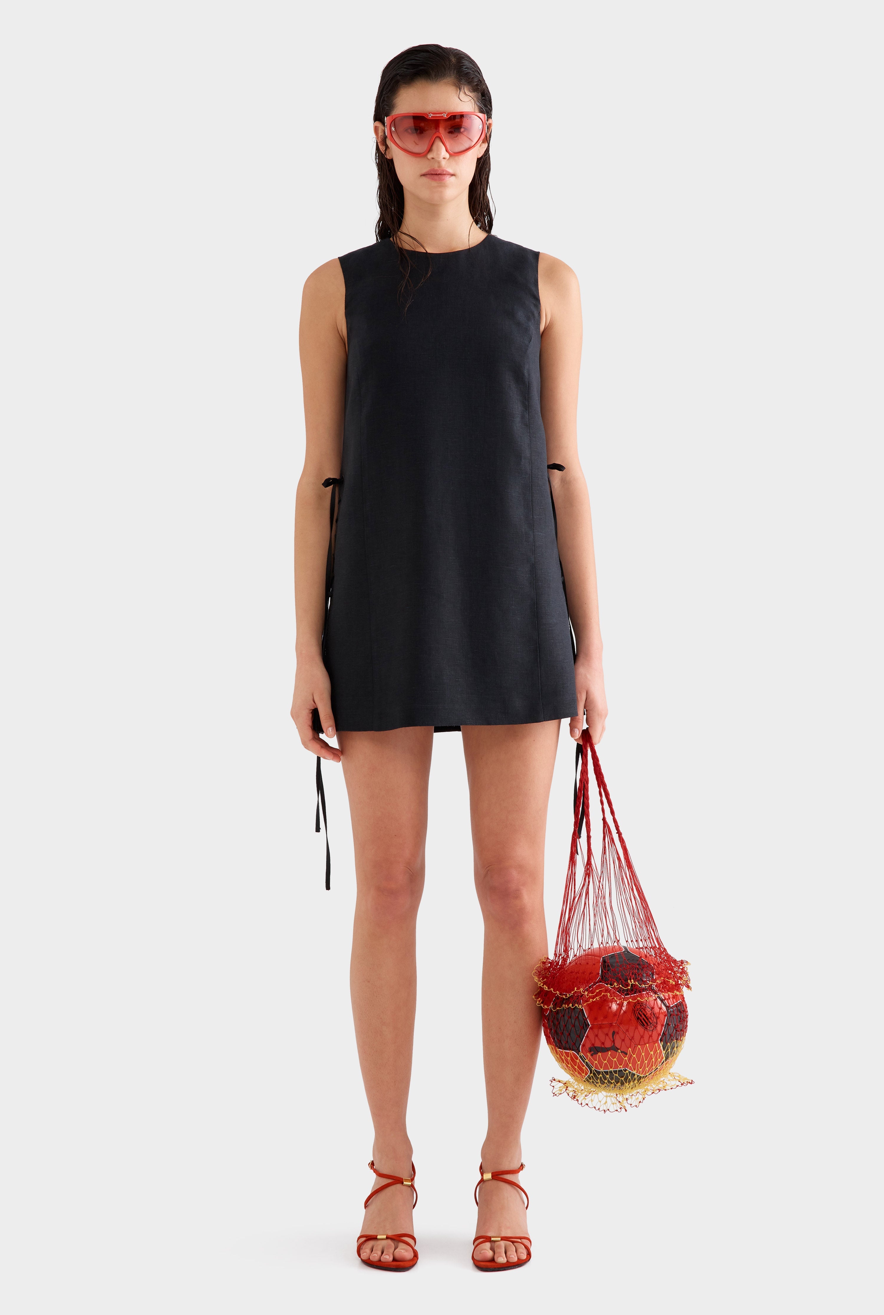 Linen Lace Up Mini Dress - Black