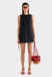 Linen Lace Up Mini Dress - Black