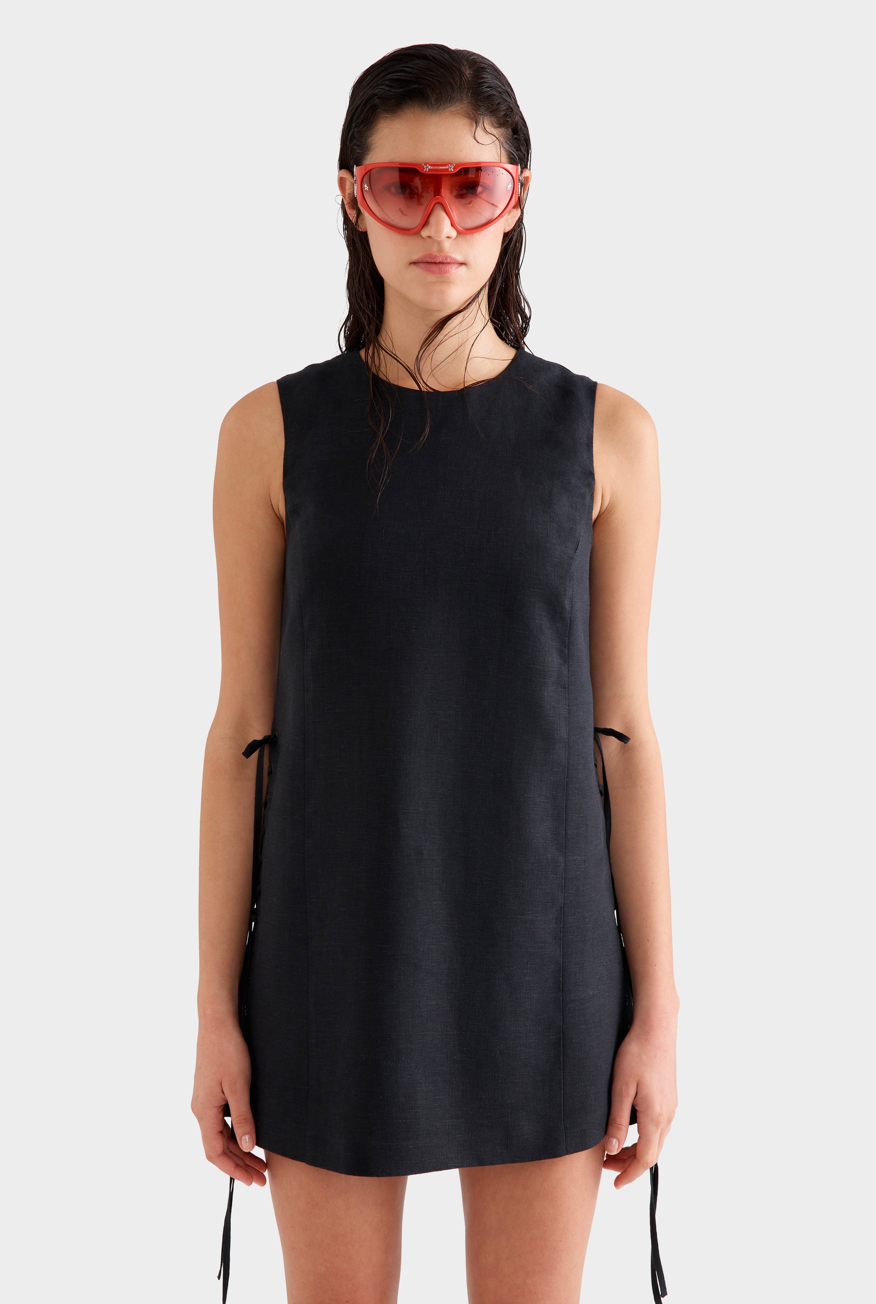 Linen Lace Up Mini Dress - Black