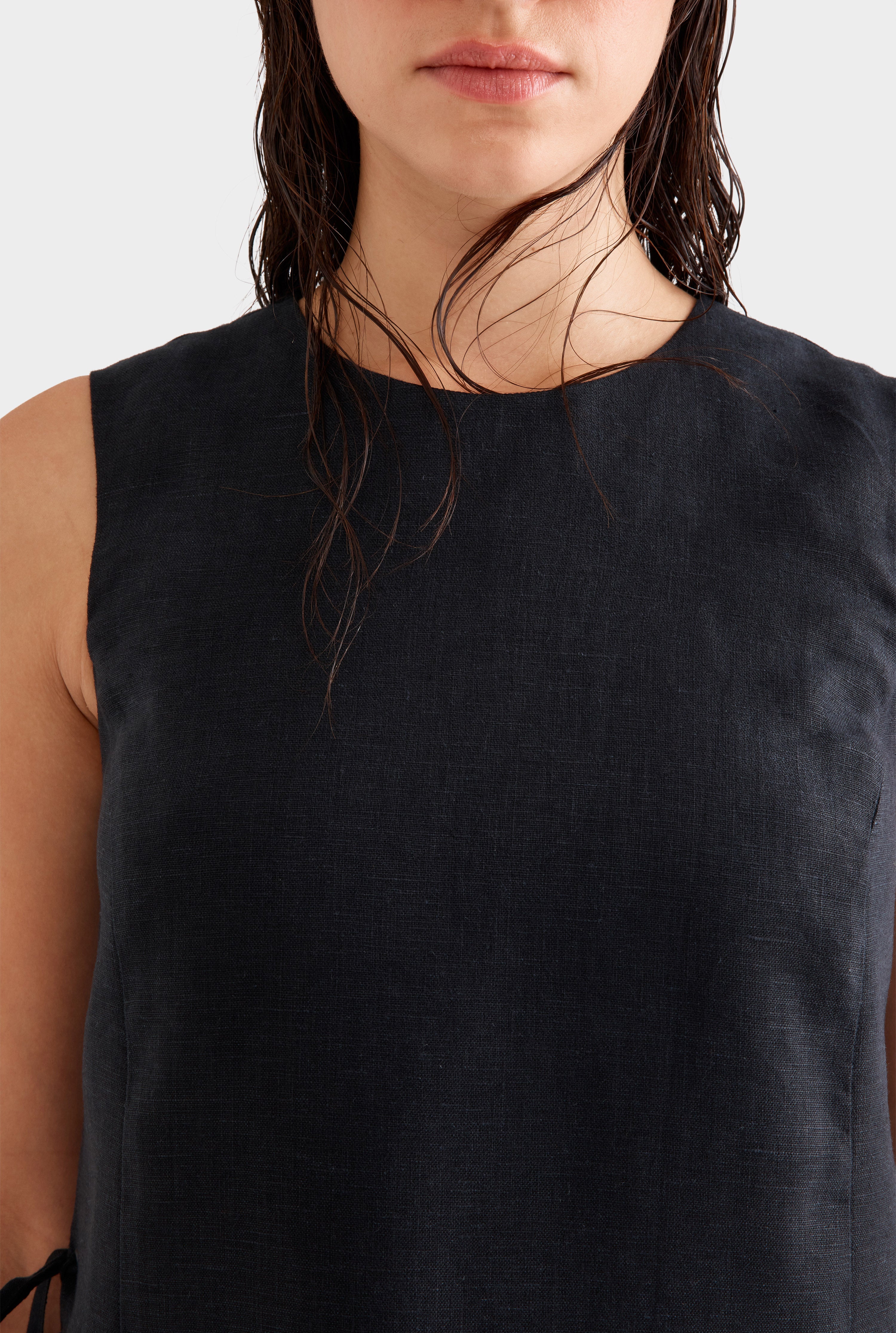 Linen Lace Up Mini Dress - Black