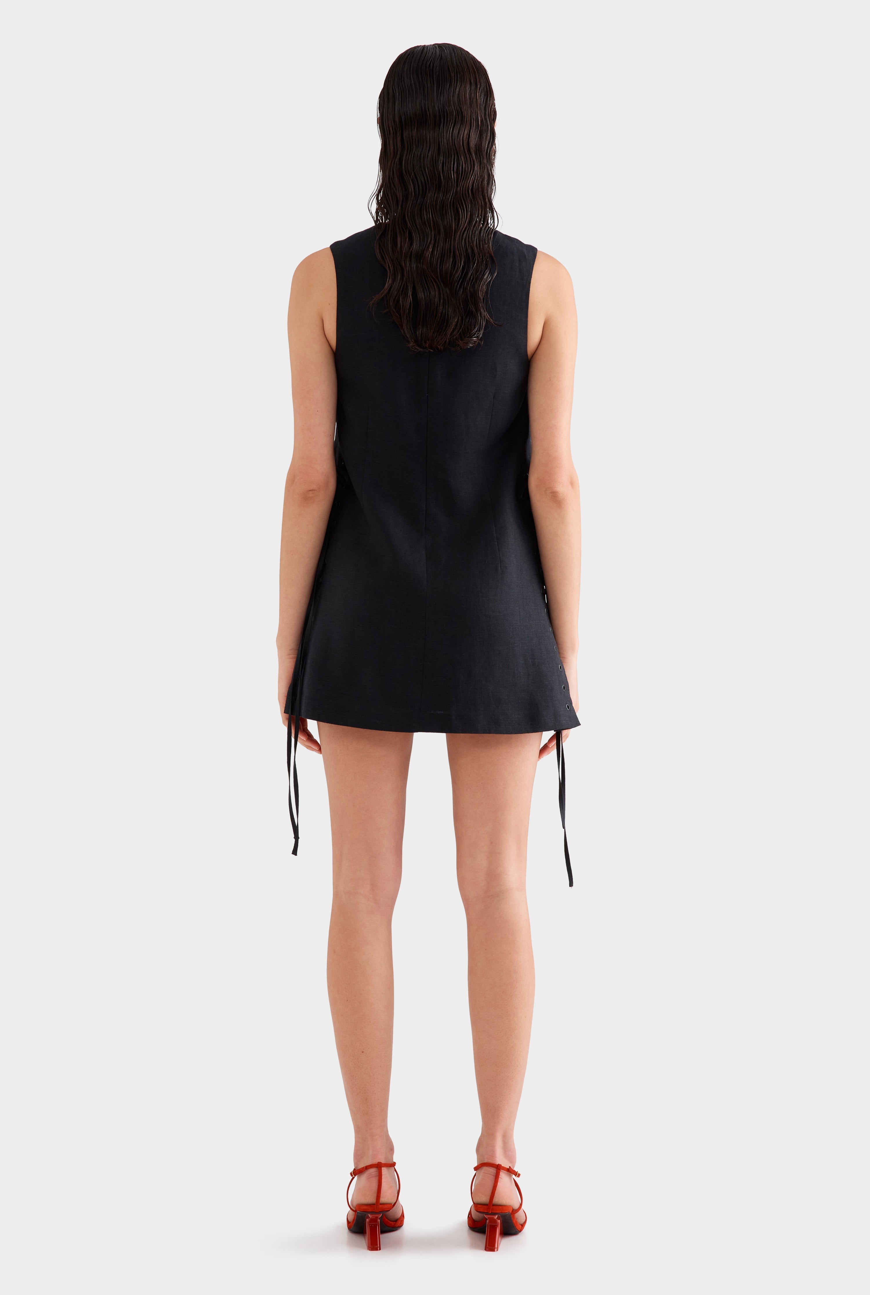 Linen Lace Up Mini Dress - Black