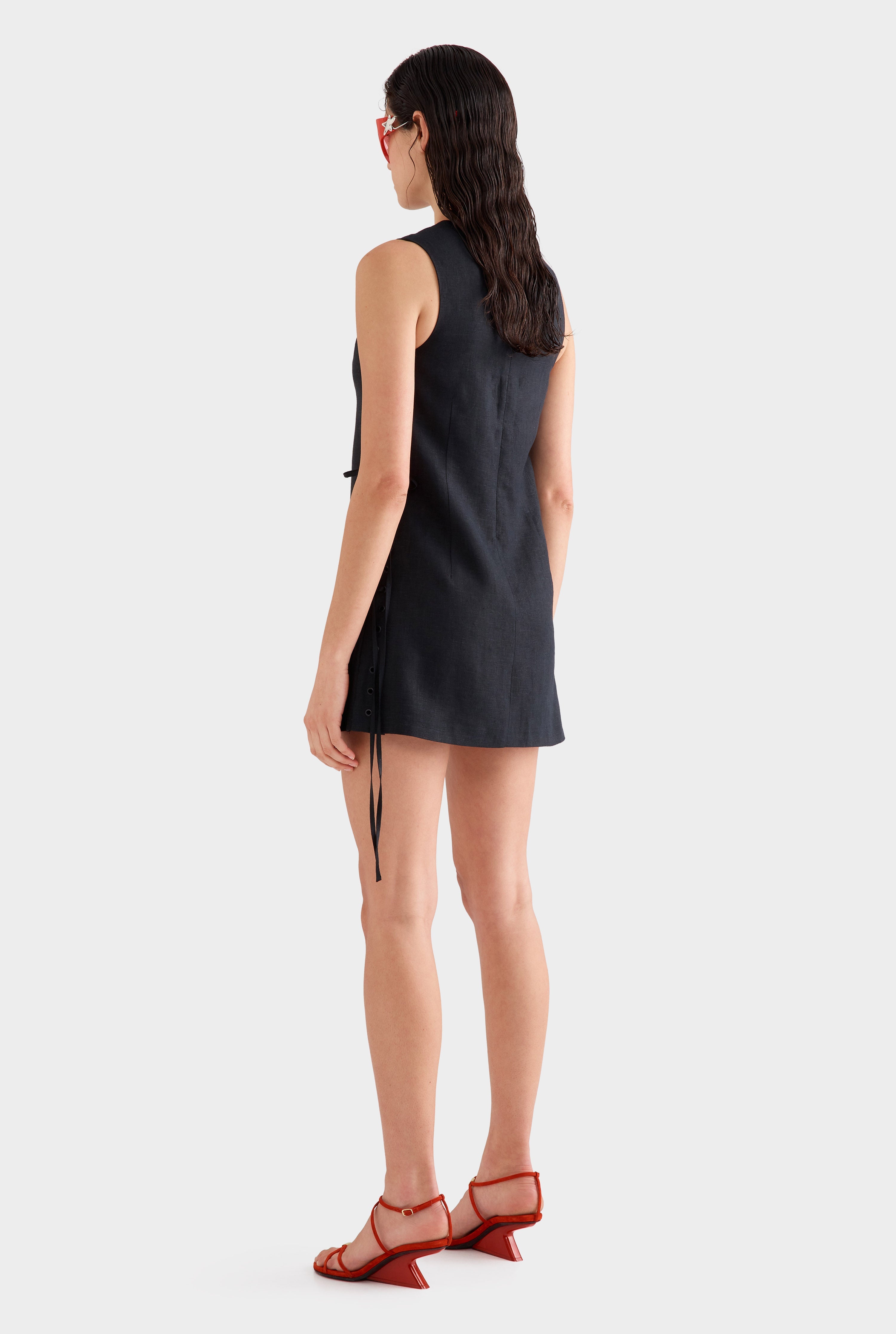 Linen Lace Up Mini Dress - Black