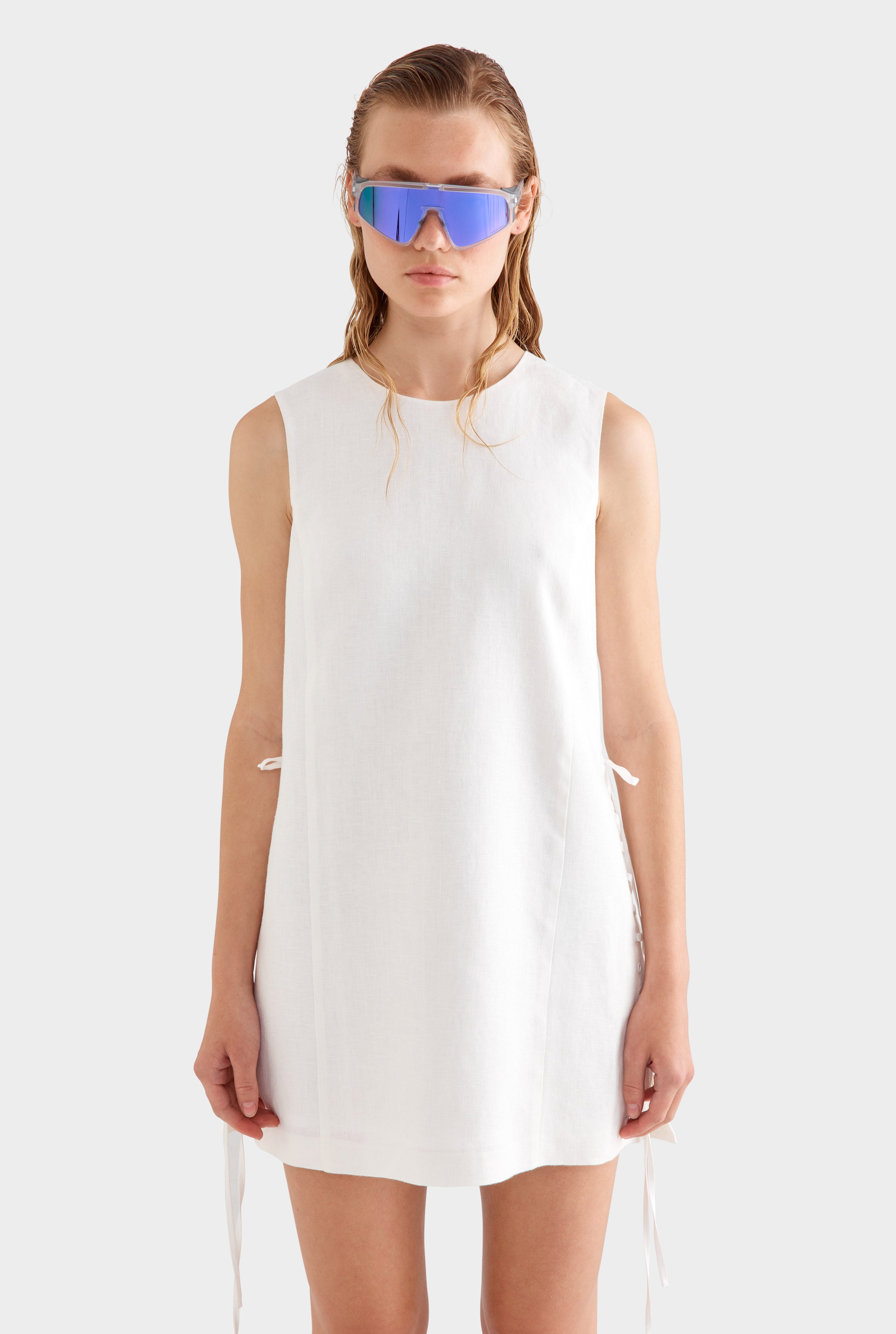 Linen Lace Up Mini Dress - White