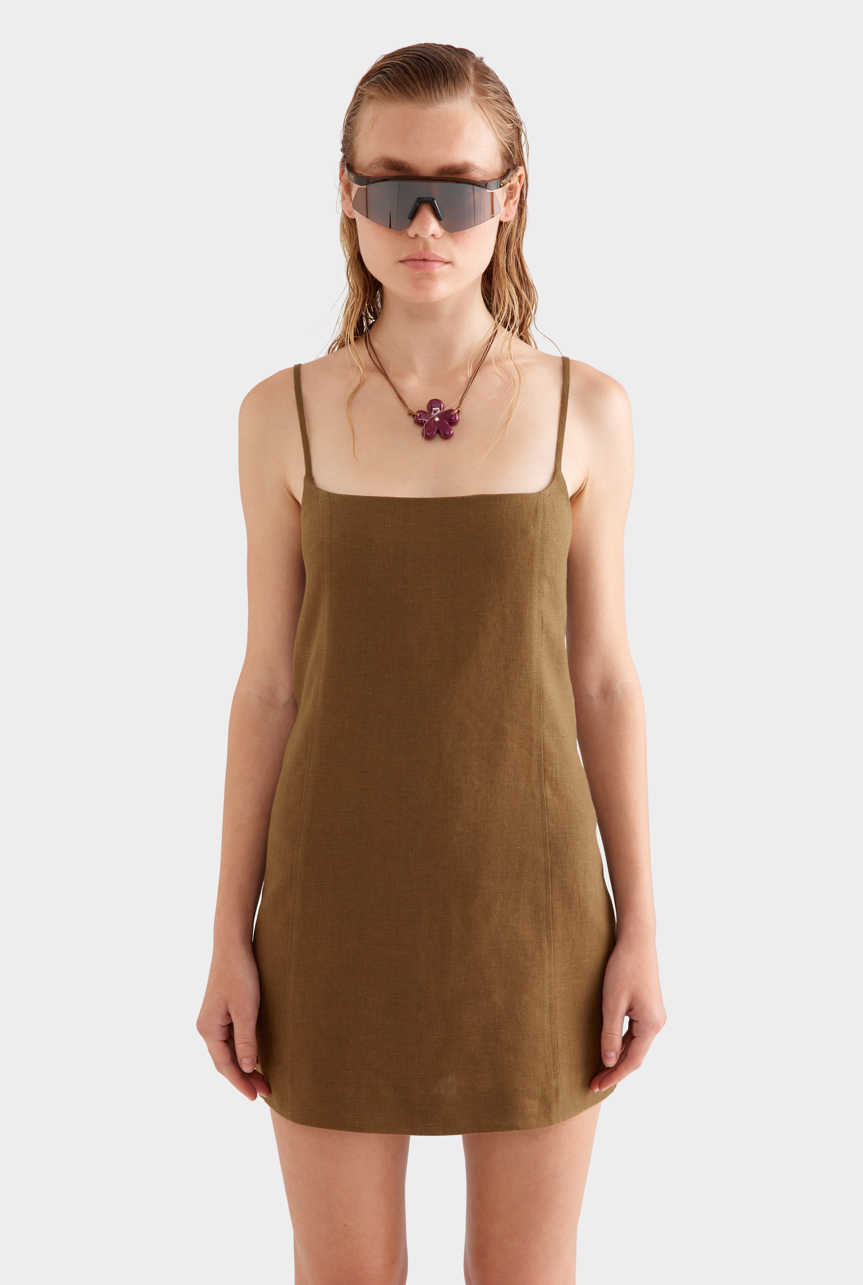 Linen Panelled Mini Dress - Cocoa