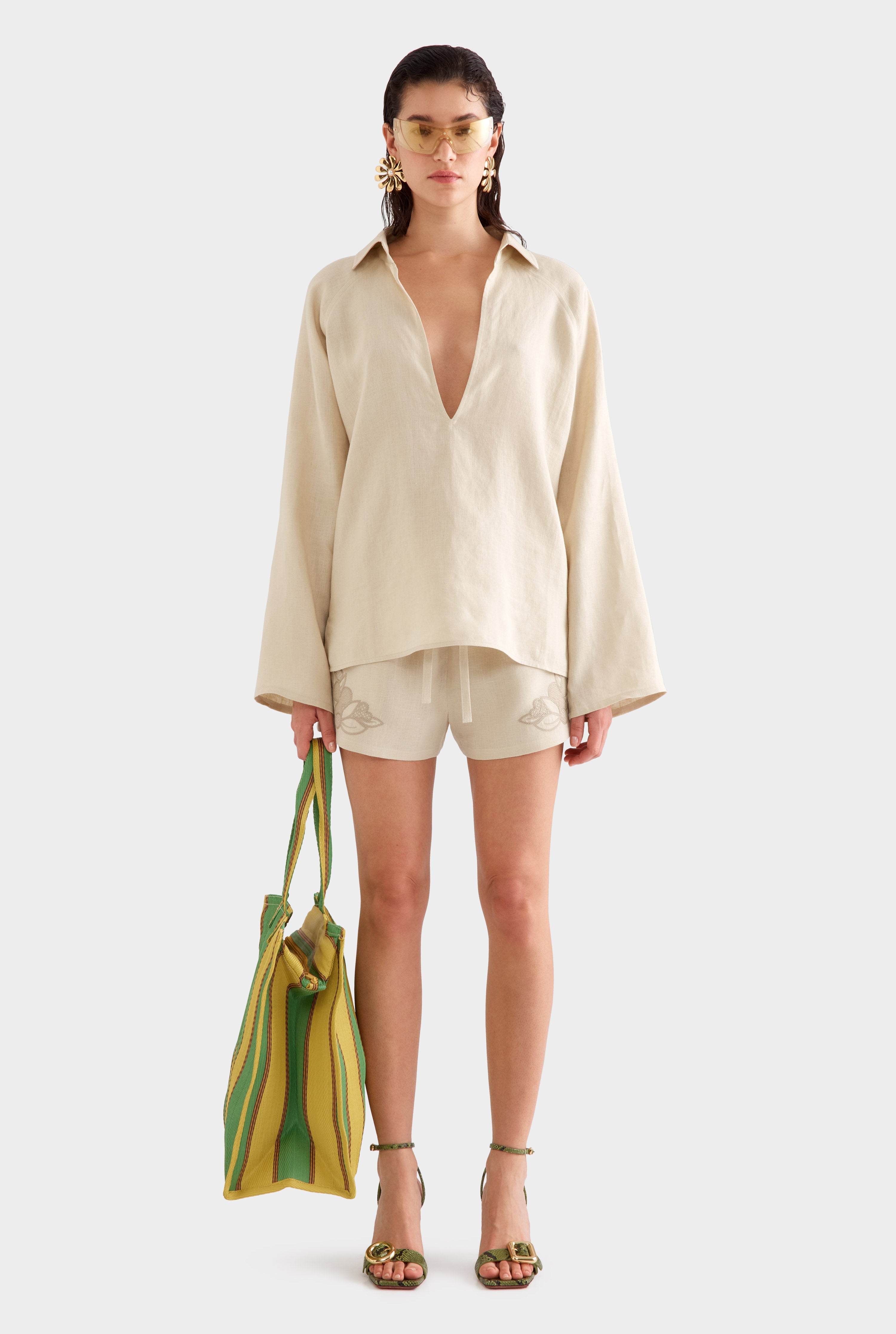 Embroidered Linen Plunge Neck Top - Pistachio Shell