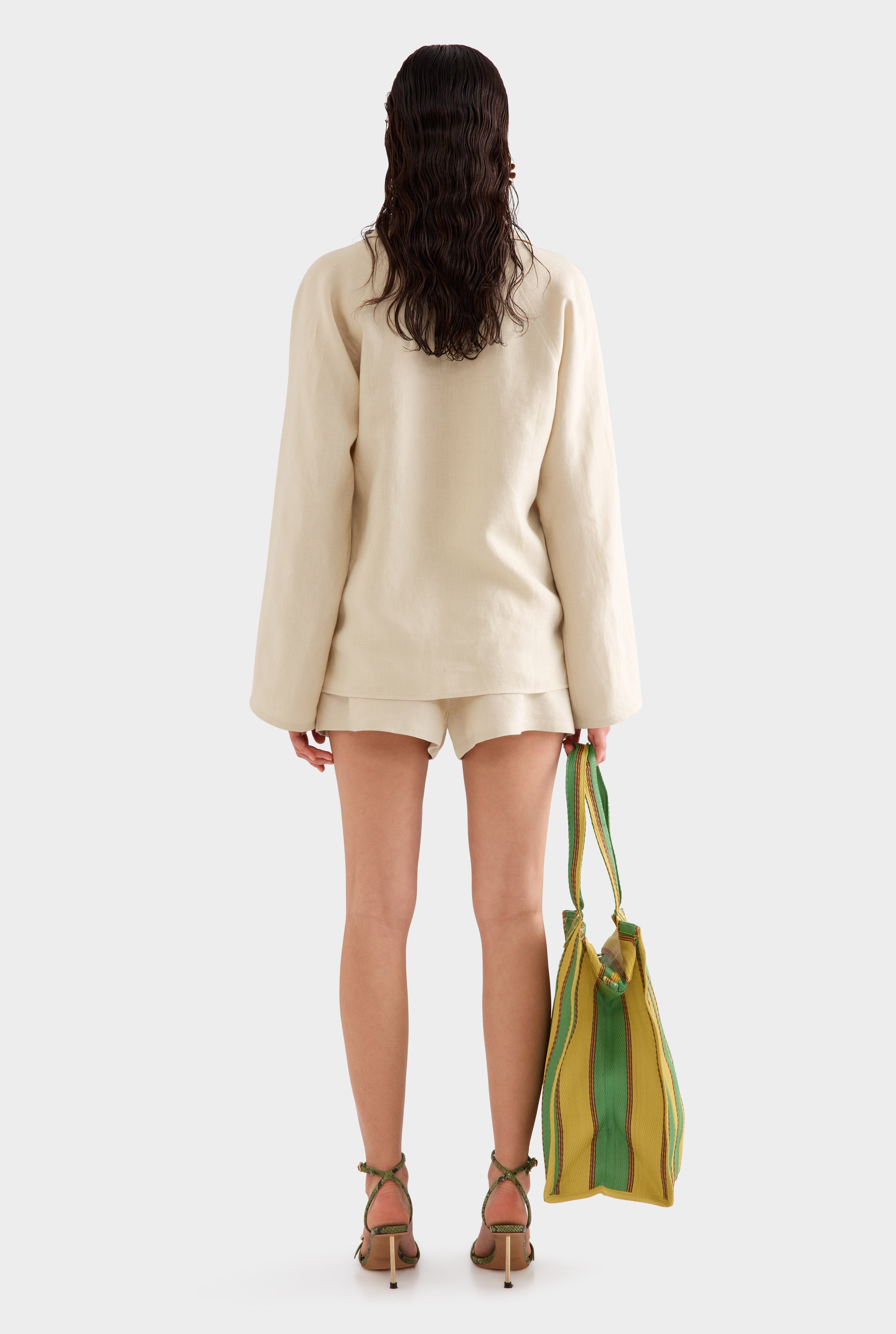 Embroidered Linen Plunge Neck Top - Pistachio Shell